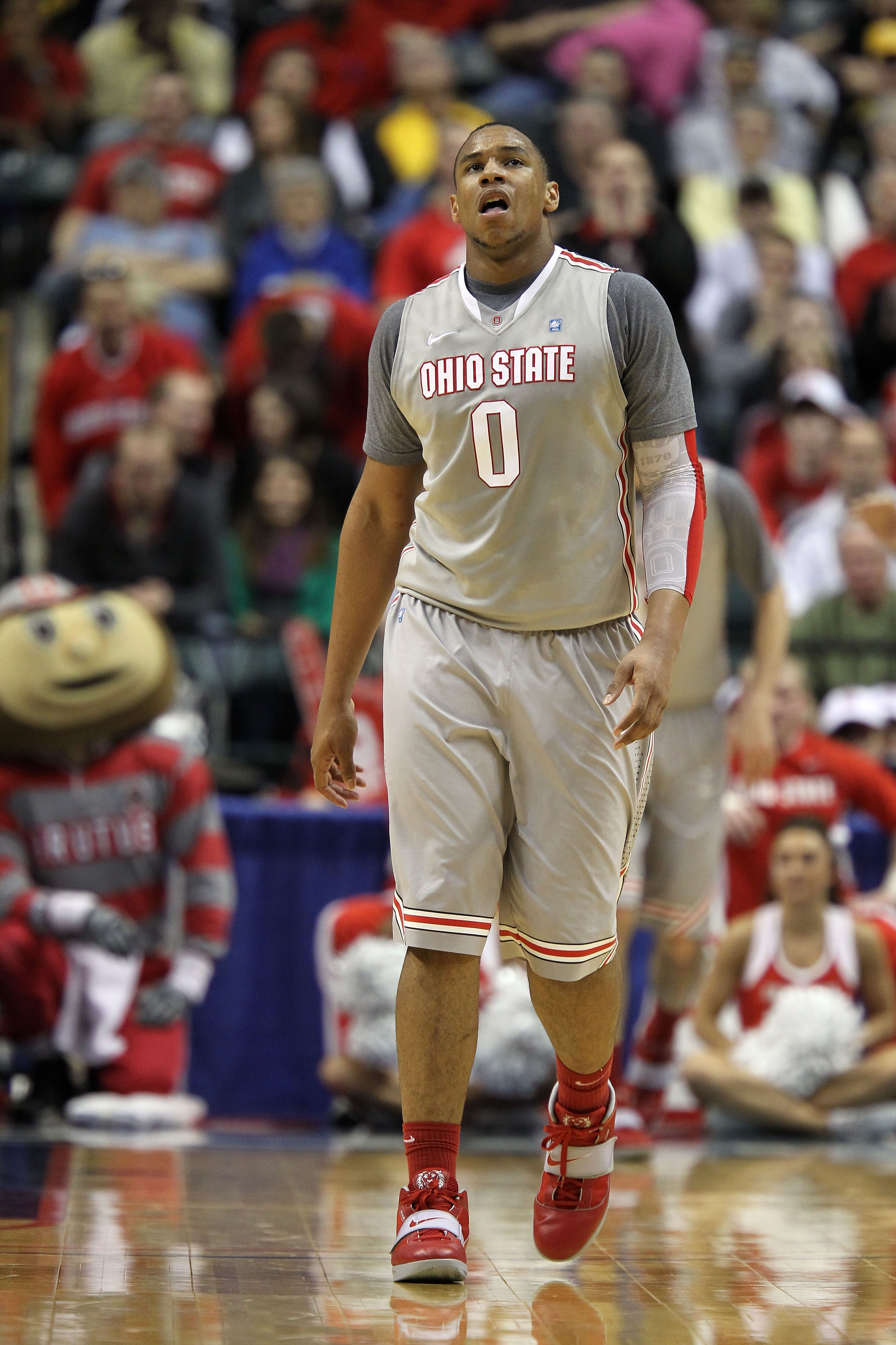 INDIANAPOLIS, IN - MARCH 13:  Jared Sullinger #0 of the Ohio State Buckeyes walks up court against the Penn State Nittany Lions during the championship game of the 2011 Big Ten Men's Basketball Tournament at Conseco Fieldhouse on March 13, 2011 in Indiana