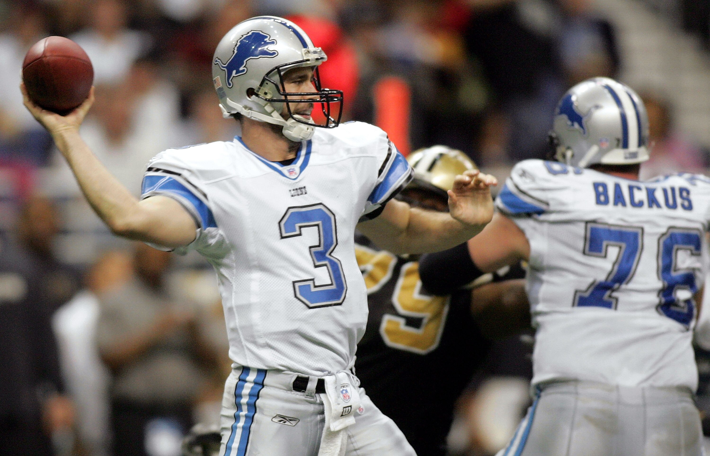 SAN ANTONIO - DECEMBER 24:  Quarterback Joey Harrington #3 of the Detroit Lions drops back to pass against the New Orleans Saints on December 24, 2005 at the Alamodome in San Antonio, Texas. The Lions defeated the Saints 13-12.  (Photo by Ronald Martinez/