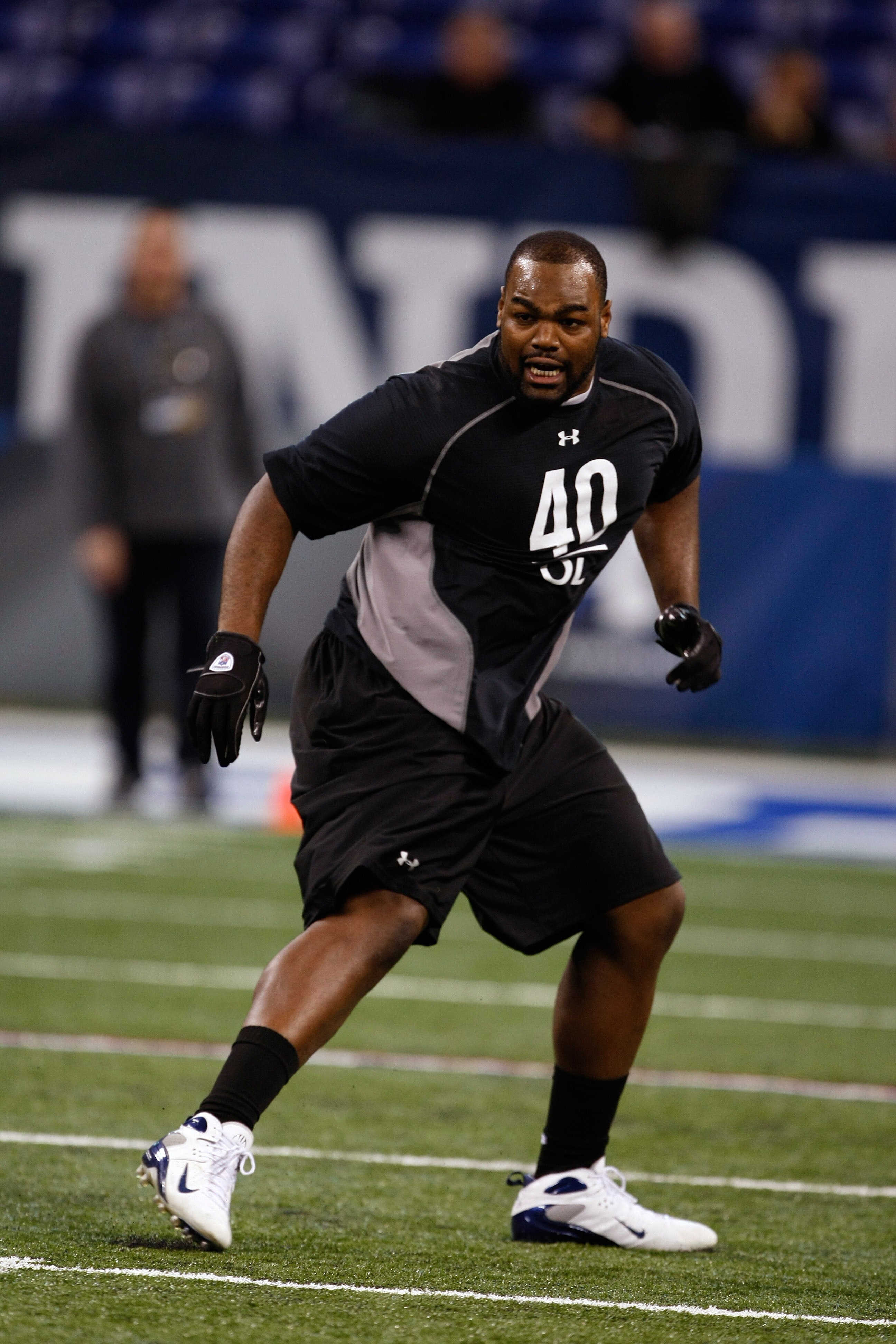 INDIANAPOLIS, IN - FEBRUARY 21:  Offensive lineman Michael Oher of Mississippi participates in practice drills during the NFL Scouting Combine presented by Under Armour at Lucas Oil Stadium on February 21, 2009 in Indianapolis, Indiana. (Photo by Scott Bo