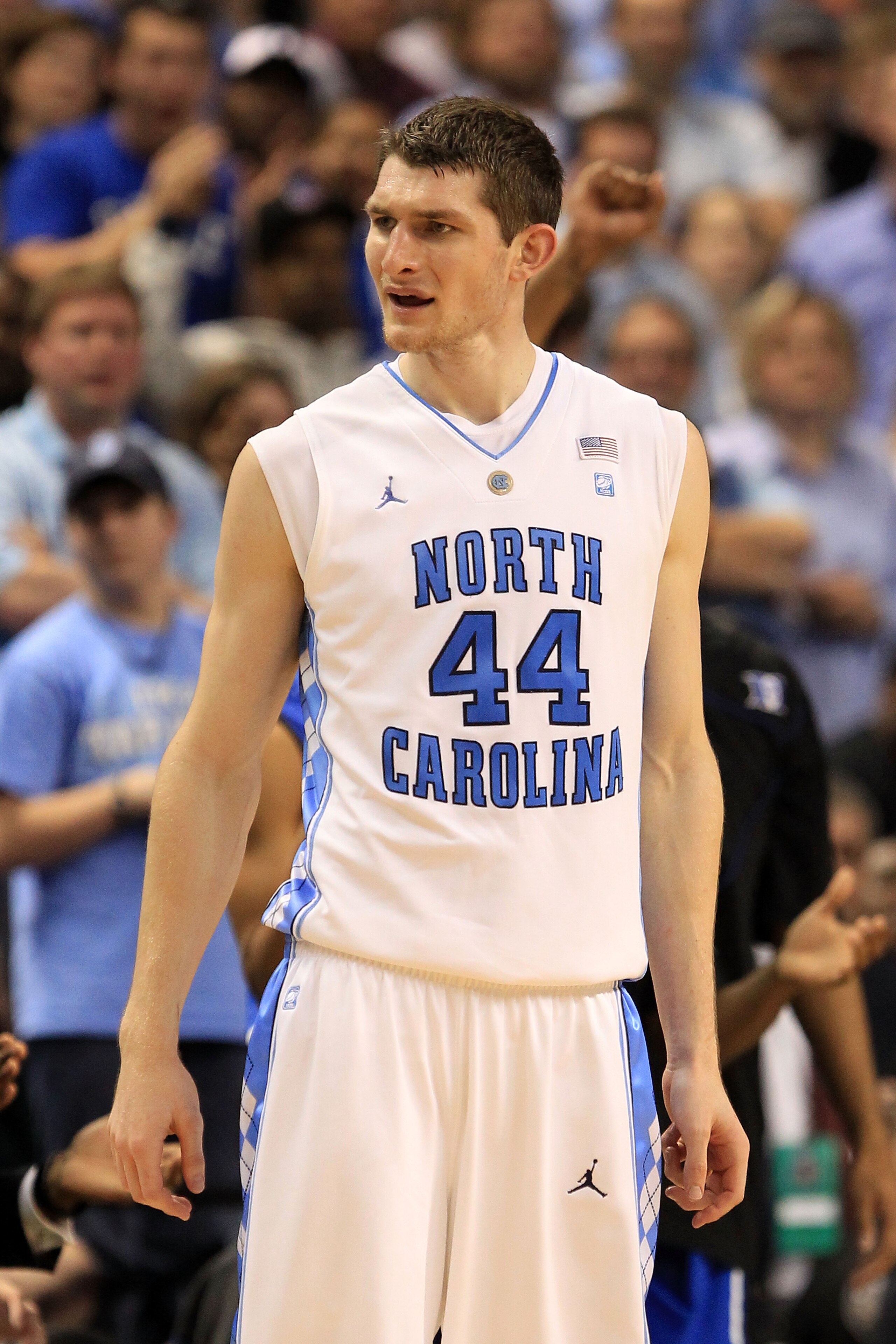 GREENSBORO, NC - MARCH 13:  Tyler Zeller #44 of the North Carolina Tar Heels looks on while playing against the Duke Blue Devils during the second half in the championship game of the 2011 ACC men's basketball tournament at the Greensboro Coliseum on Marc