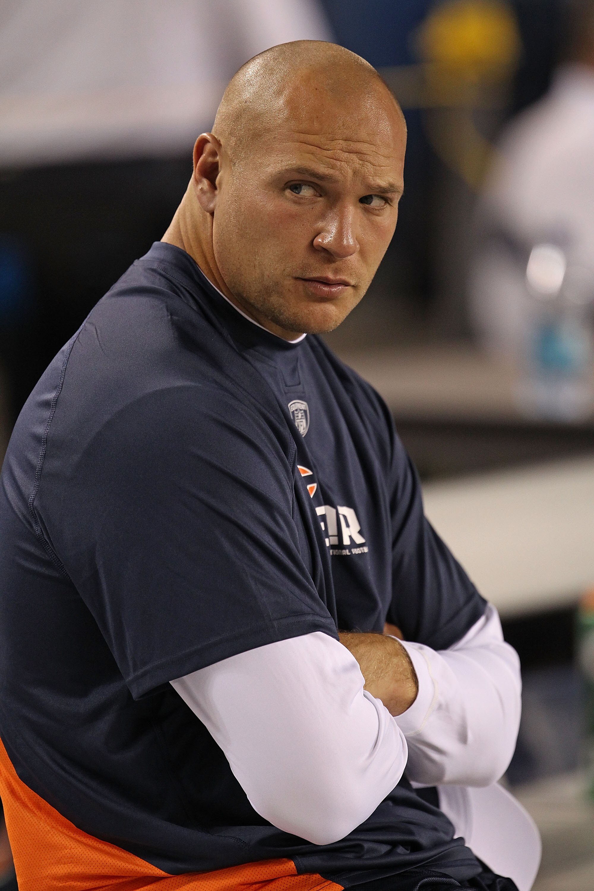 CHICAGO - AUGUST 28: Brian Urlacher #54 of the Chicago Bears sits on the bench during a preseason game against the Arizona Cardinals at Soldier Field on August 28, 2010 in Chicago, Illinois. The Cardinals defeated the Bears 14-9. (Photo by Jonathan Daniel