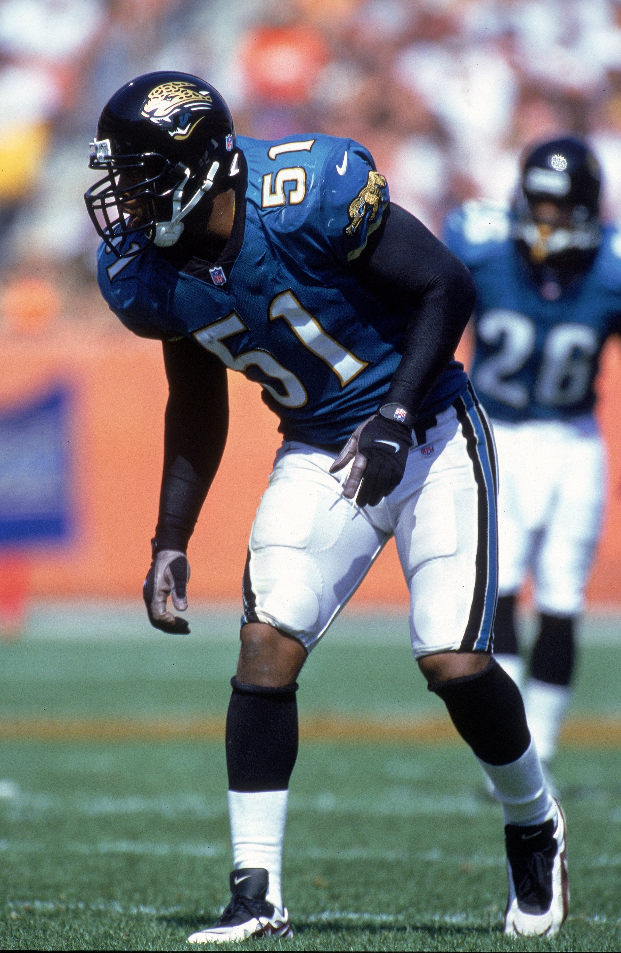 3 Sep 2000: Kevin Hardy #51 of the Jacksonville Jaguars gets ready to move after the snap during a game against the Cleveland Browns at Cleveland Stadium in Cleveland, Ohio. The Jaguars defeated the Browns 27-7.Mandatory Credit: Jonathan Daniel  /Allsport