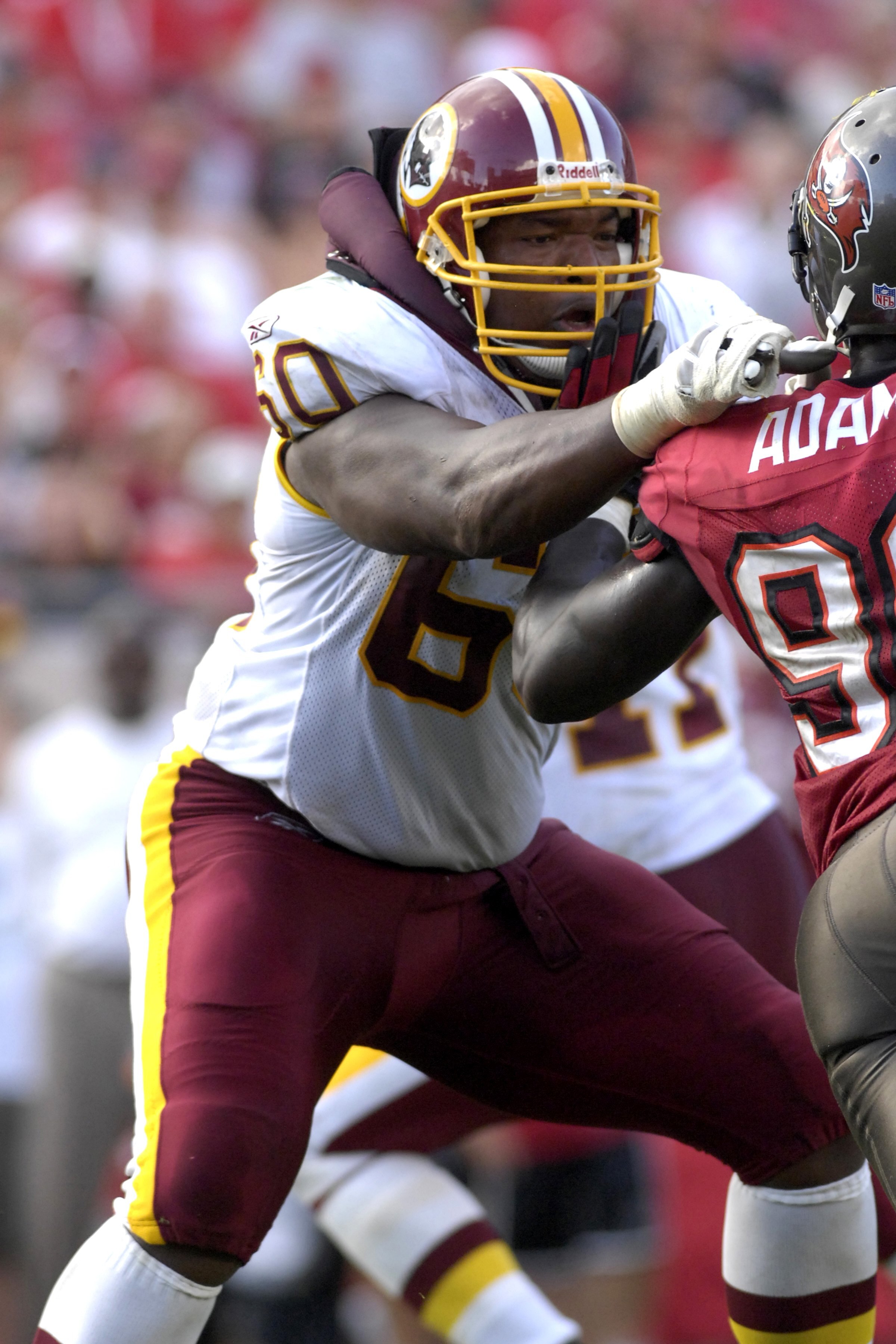 TAMPA, FL - NOVEMBER 25: Tackle Chris Samuels #60 of the Washington Redskins blocks against the Tampa Bay Buccaneers at the Raymond James Stadium on November 25, 2007 in Tampa, Florida.  The Bucs won 19-13. (Photo by Al Messerschmidt/Getty Images)
