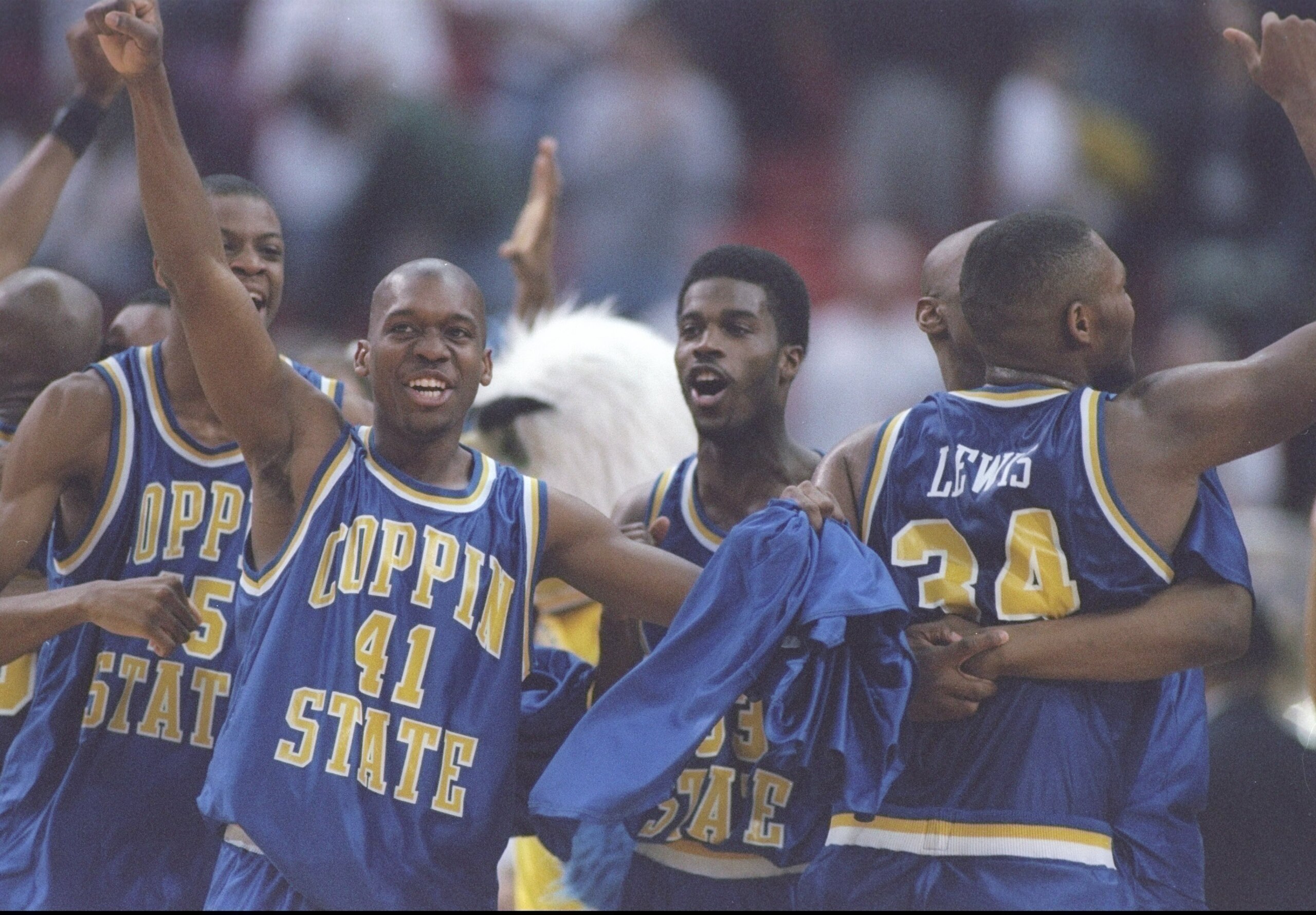14 Mar 1997:  Guards David Houston and Fred Warnick of the Coppin Eagles celebrate win after a playoff game against the South Carolina Gamecocks at the Pittsburgh Civic Arena in Pittsburgh, Pennsylvania.  The Eagles won the game 78 - 65. Mandatory Credit: