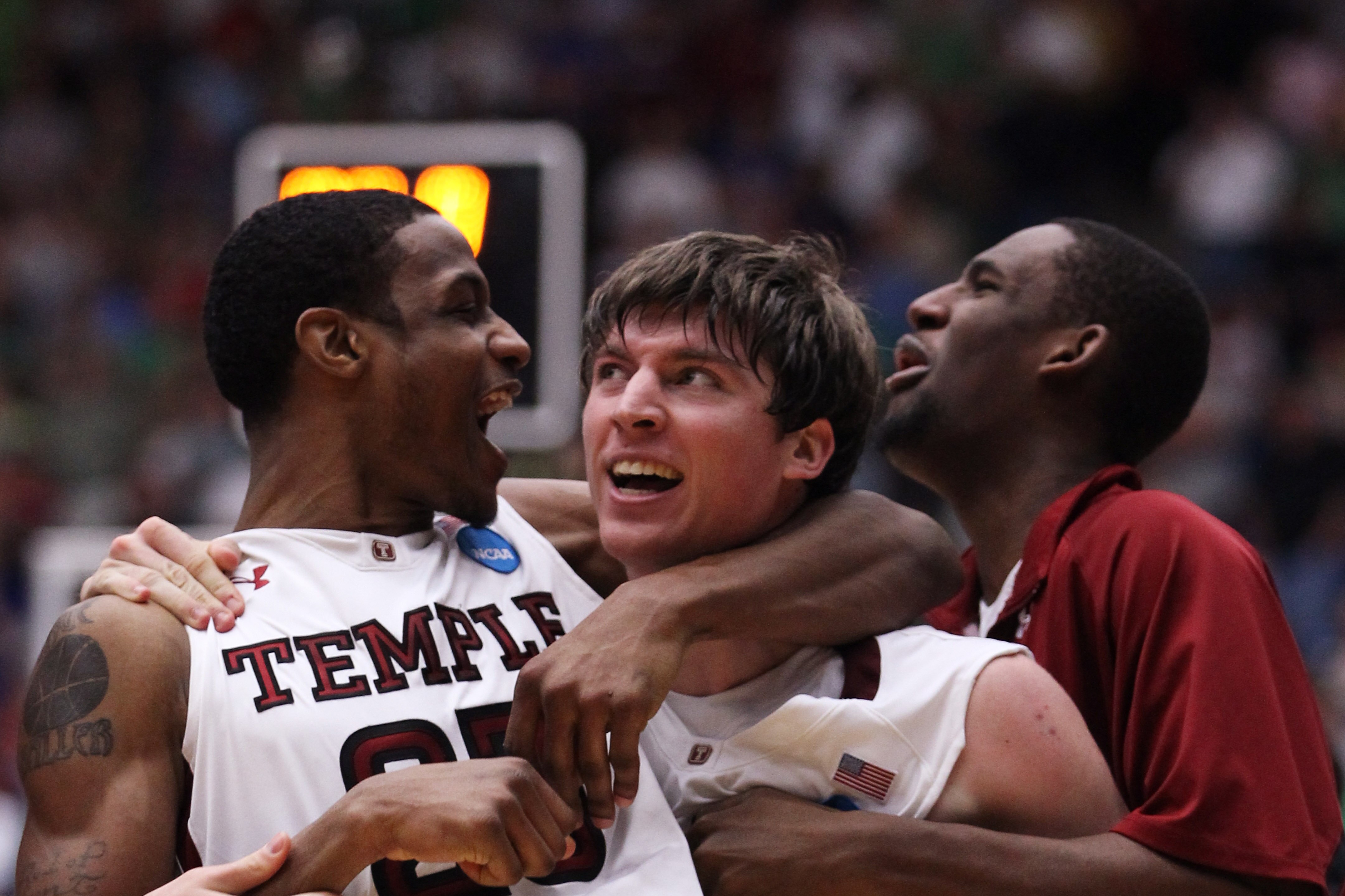 TUCSON, AZ - MARCH 17: Juan Fernandez #4 celebrates with Lavoy Allen #24 of the Temple Owls after scoring the winning basket to defeat the Penn State Nittany Lions 66 to 64 in the second round of the 2011 NCAA men's basketball tournament at McKale Center TUCSON, AZ - MARCH 17: Juan Fernandez #4 celebrates with Lavoy Allen #24 of the Temple Owls after scoring the winning basket to defeat the Penn State Nittany Lions 66 to 64 in the second round of the 2011 NCAA men's basketball tournament at McKale Center