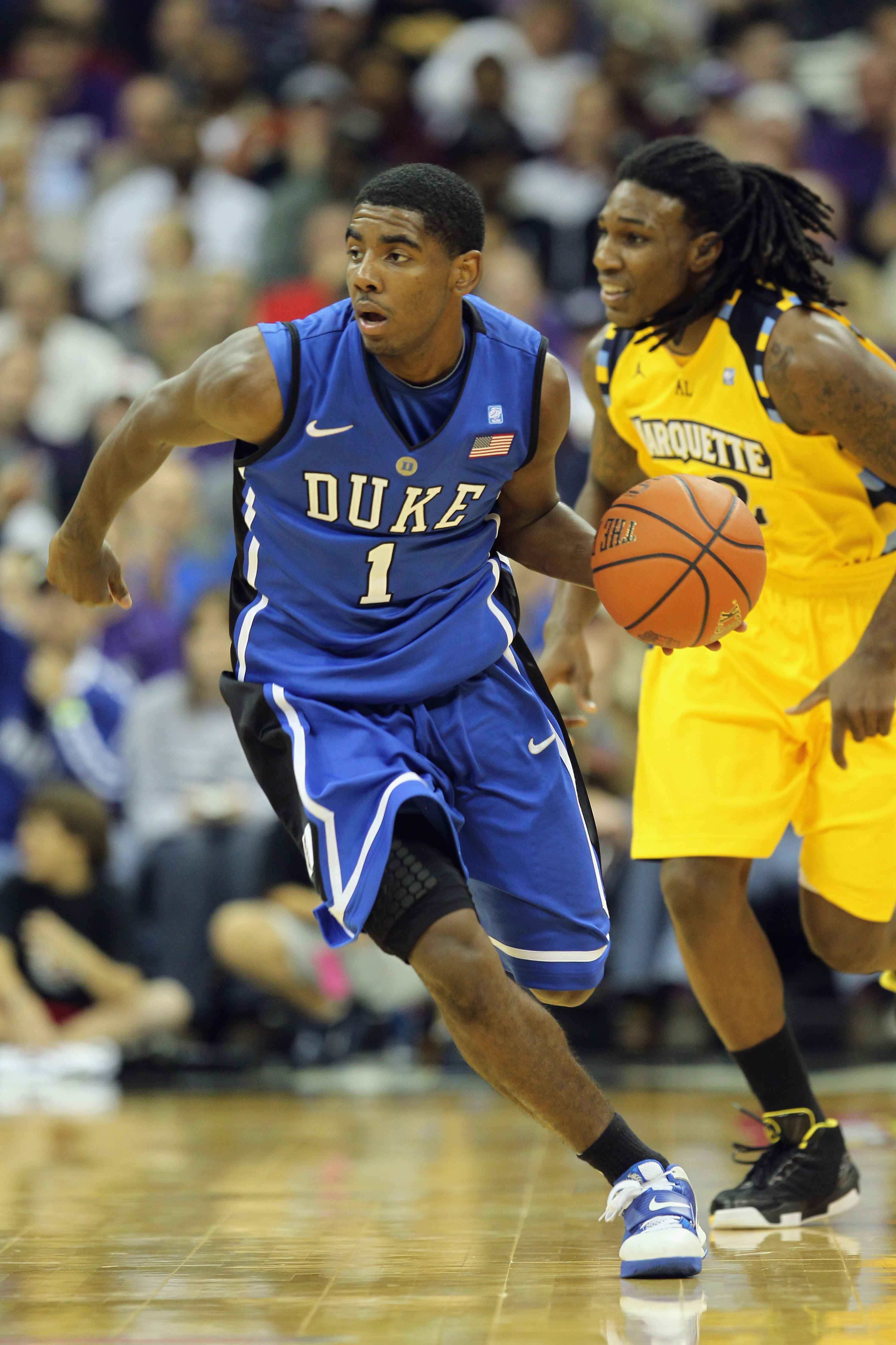 KANSAS CITY, MO - NOVEMBER 22:  Kyrie Irving #1 of the Duke Blue Devils in action during the CBE Classic game against the Marquette Golden Eagles on November 22, 2010 at the Sprint Center in Kansas City, Missouri.  (Photo by Jamie Squire/Getty Images)