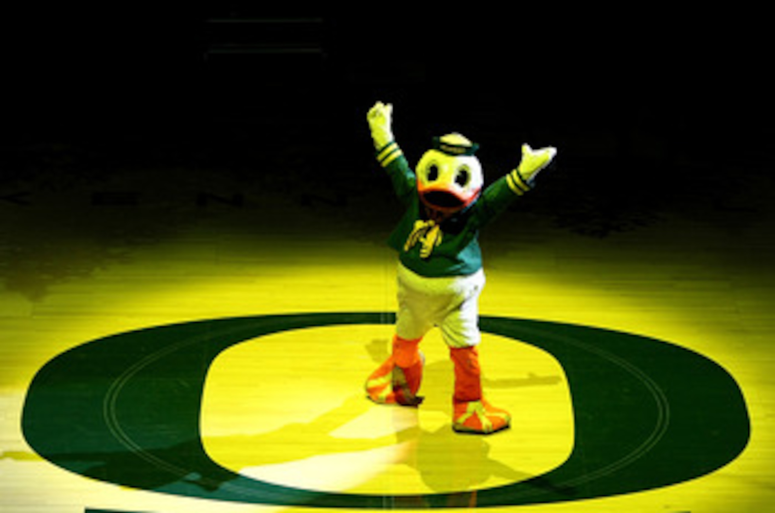 EUGENE, OR - JANUARY 13:  Puddles, the mascot, takes part in the opening ceremony beofre the Oregon Ducks versus the USC Trojans game at the grand opening of the Matthew Knight Arena on January 13, 2011 at Matthew Knight Arena in Eugene, Oregon.  (Photo b