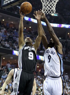 MEMPHIS, TN - APRIL 29:  Tony Parker #9 of the San Antonio Spurs shoots the ball while defended by Tony Allen #9 of the Memphis Grizzlies in Game Six of the Western Conference Quarterfinals in the 2011 NBA Playoffs at FedExForum on April 29, 2011 in Memph