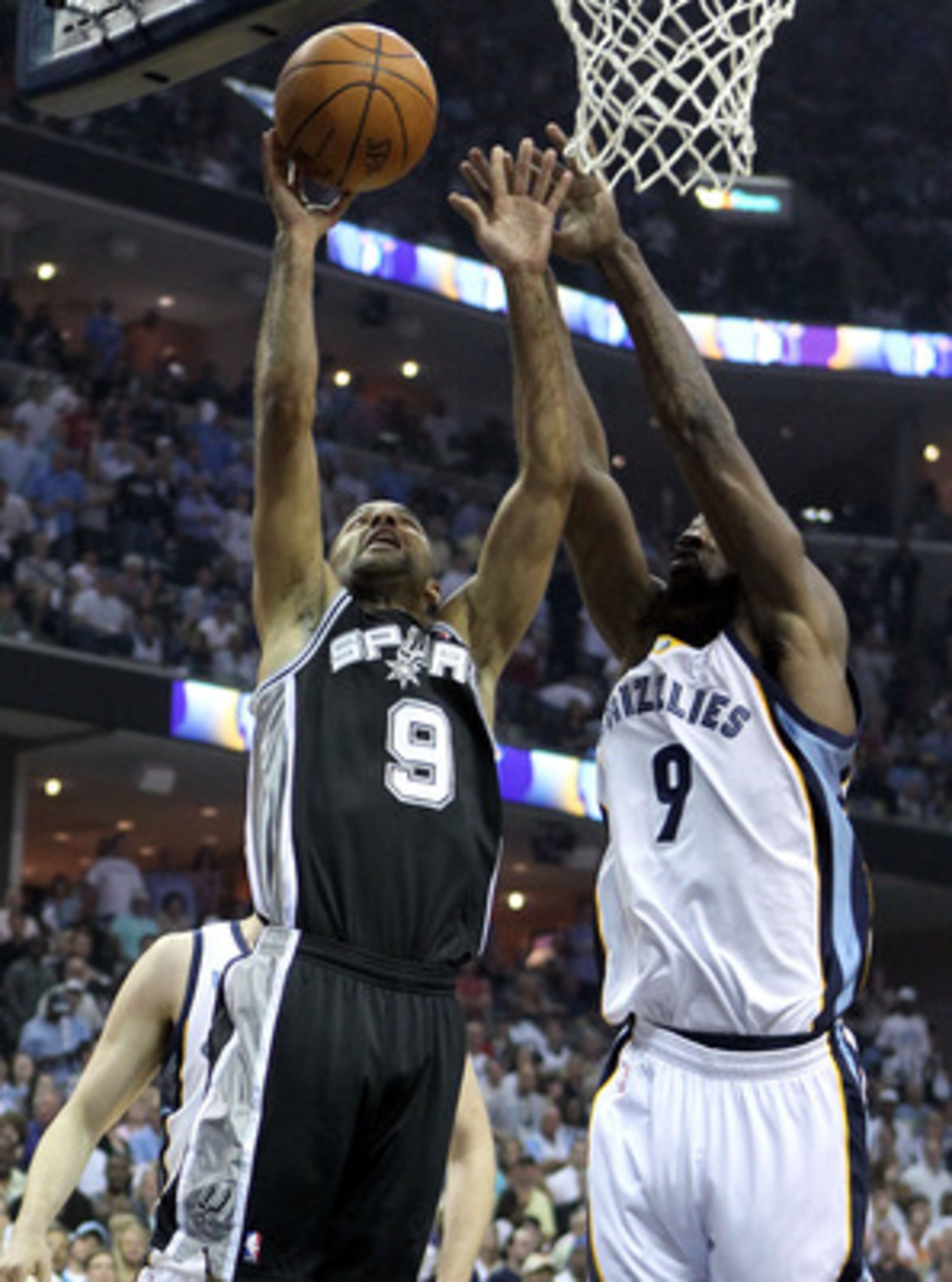 MEMPHIS, TN - APRIL 29:  Tony Parker #9 of the San Antonio Spurs shoots the ball while defended by Tony Allen #9 of the Memphis Grizzlies in Game Six of the Western Conference Quarterfinals in the 2011 NBA Playoffs at FedExForum on April 29, 2011 in Memph