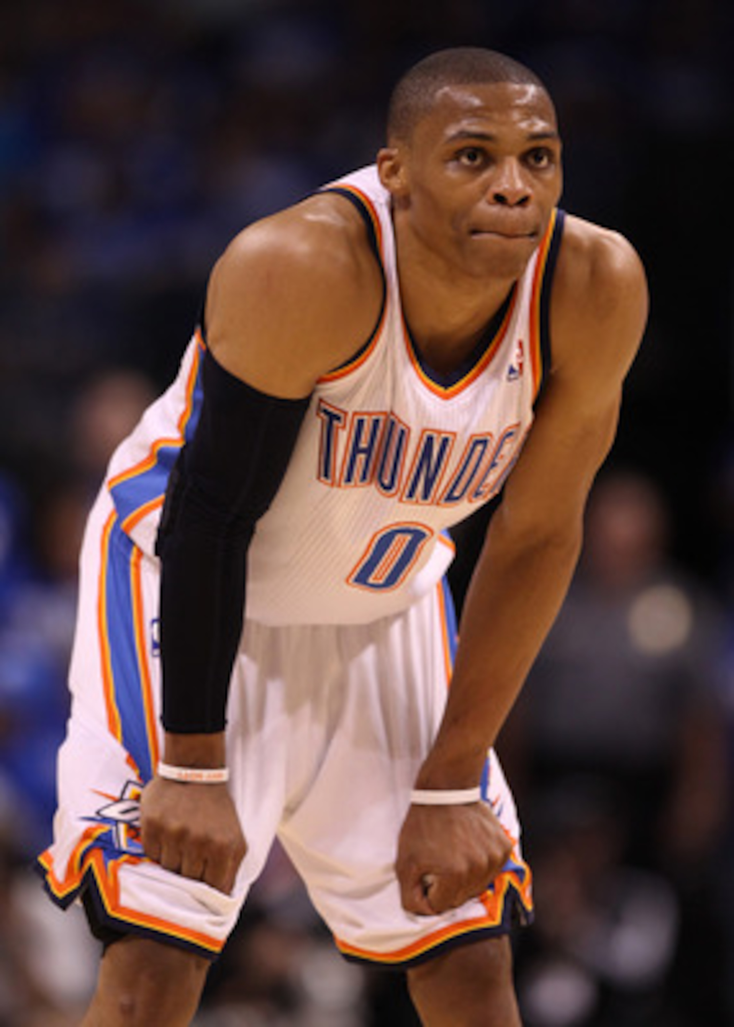 OKLAHOMA CITY, OK - MAY 21:  Russell Westbrook #0 of the Oklahoma City Thunder looks on while taking on the Dallas Mavericks in Game Three of the Western Conference Finals during the 2011 NBA Playoffs at Oklahoma City Arena on May 21, 2011 in Oklahoma Cit