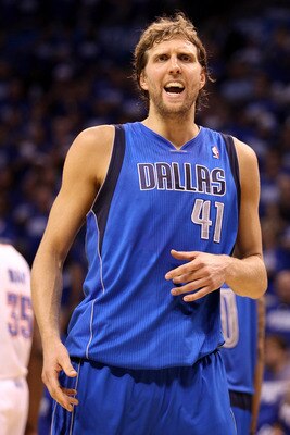 OKLAHOMA CITY, OK - MAY 21:  Dirk Nowitzki #41 of the Dallas Mavericks reacts in the fourth quarter while taking on the Oklahoma City Thunder in Game Three of the Western Conference Finals during the 2011 NBA Playoffs at Oklahoma City Arena on May 21, 201