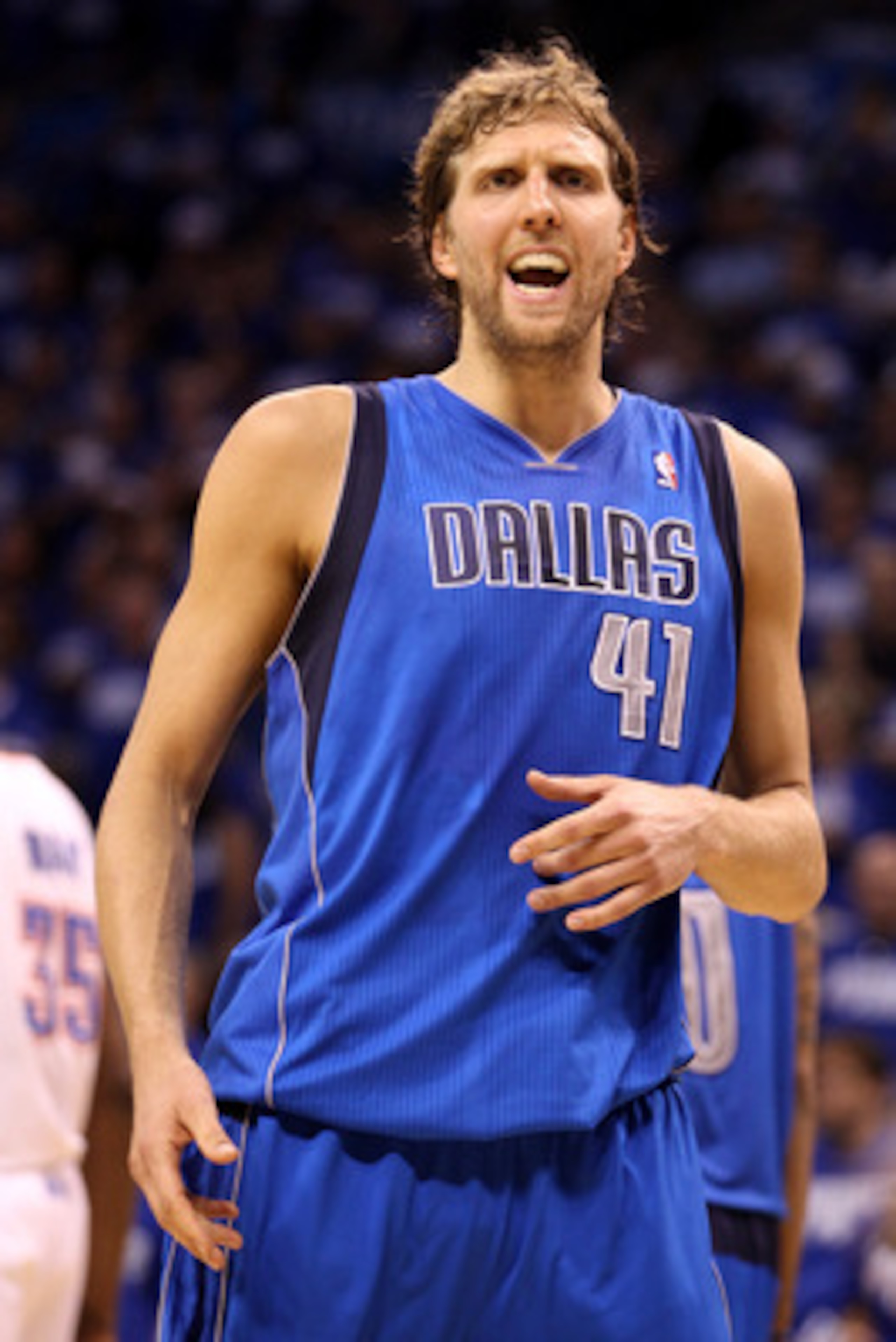 OKLAHOMA CITY, OK - MAY 21:  Dirk Nowitzki #41 of the Dallas Mavericks reacts in the fourth quarter while taking on the Oklahoma City Thunder in Game Three of the Western Conference Finals during the 2011 NBA Playoffs at Oklahoma City Arena on May 21, 201