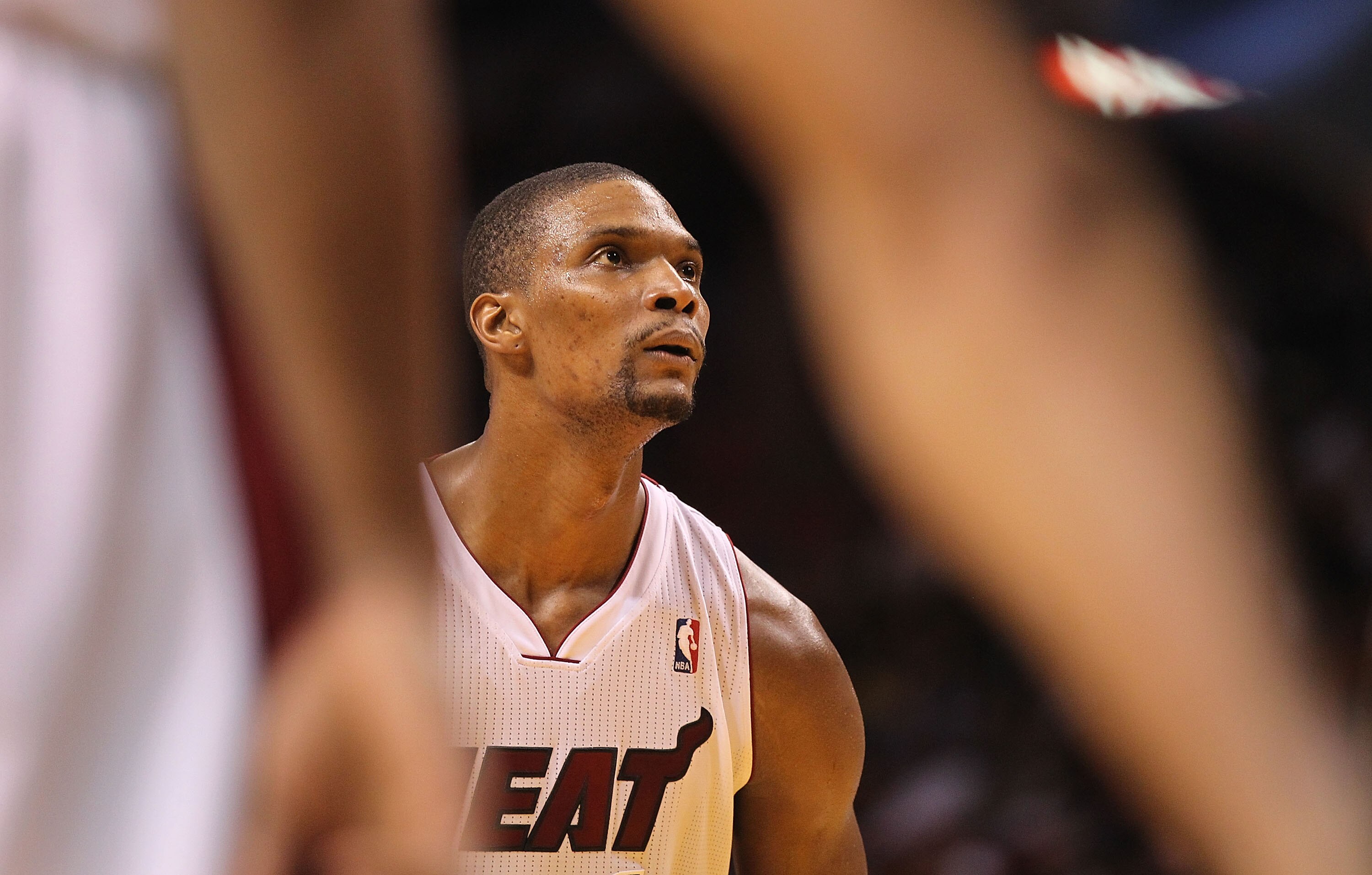 MIAMI, FL - FEBRUARY 25: Chris Bosh #1 of the Miami Heat shoots a foul shot  during a game against the Washington Wizards at American Airlines Arena on February 25, 2011 in Miami, Florida. NOTE TO USER: User expressly acknowledges and agrees that, by down