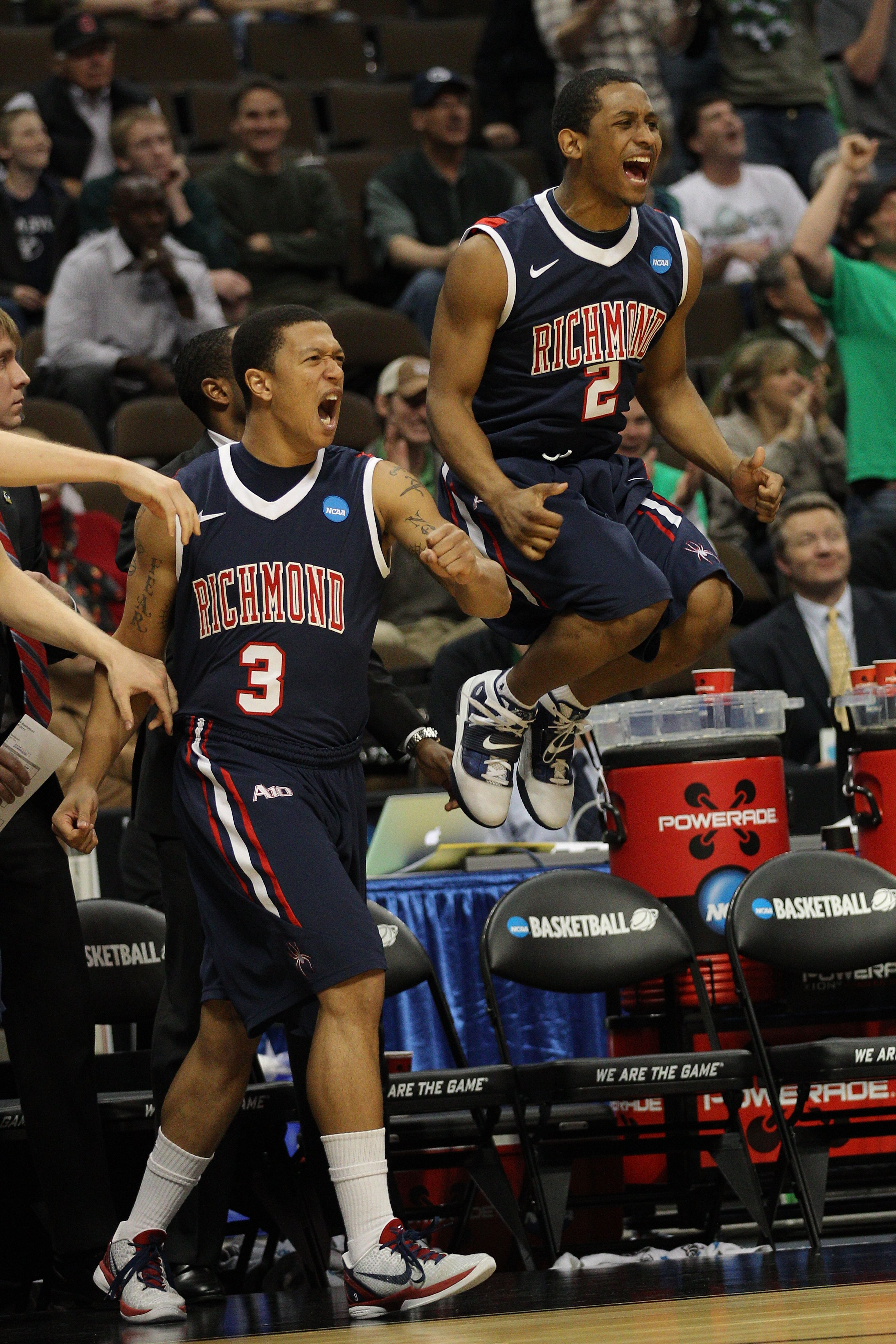 DENVER, CO - MARCH 17:  Cedrick Lindsay #2 and Darien Brothers #3 celebrates after a shot by Kevin Anderson #14 of the Richmond Spiders late in the game against the Vanderbilt Commodores during the second round of the 2011 NCAA men's basketball tournament