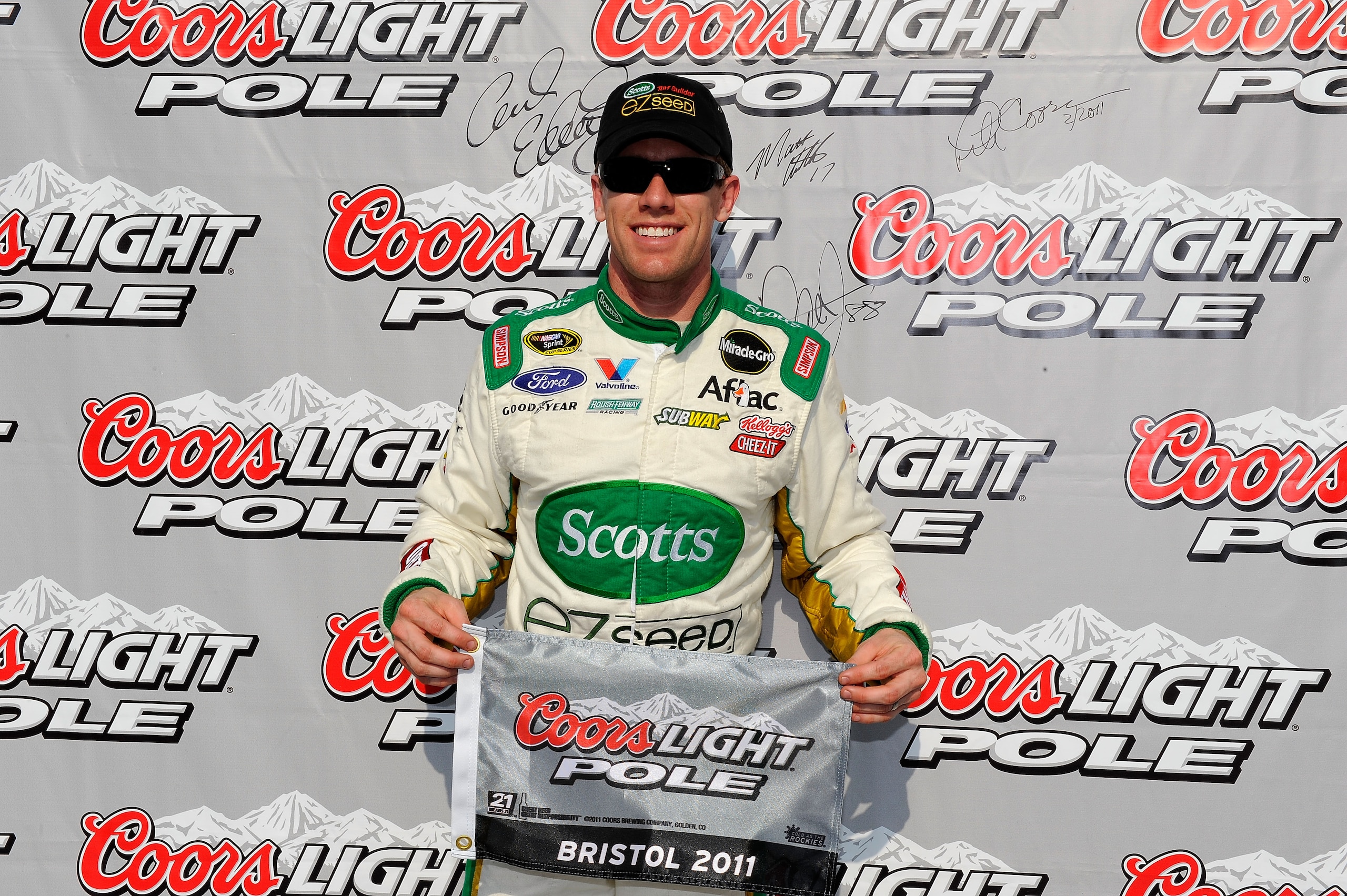 BRISTOL, TN - MARCH 18:  Carl Edwards, driver of the #99 Scotts' Ford, poses in Victory Lane after qualifying for pole position in the NASCAR Sprint Cup Series Jeff Byrd 500 Presented By Food City at Bristol Motor Speedway on March 18, 2011 in Bristol, Te