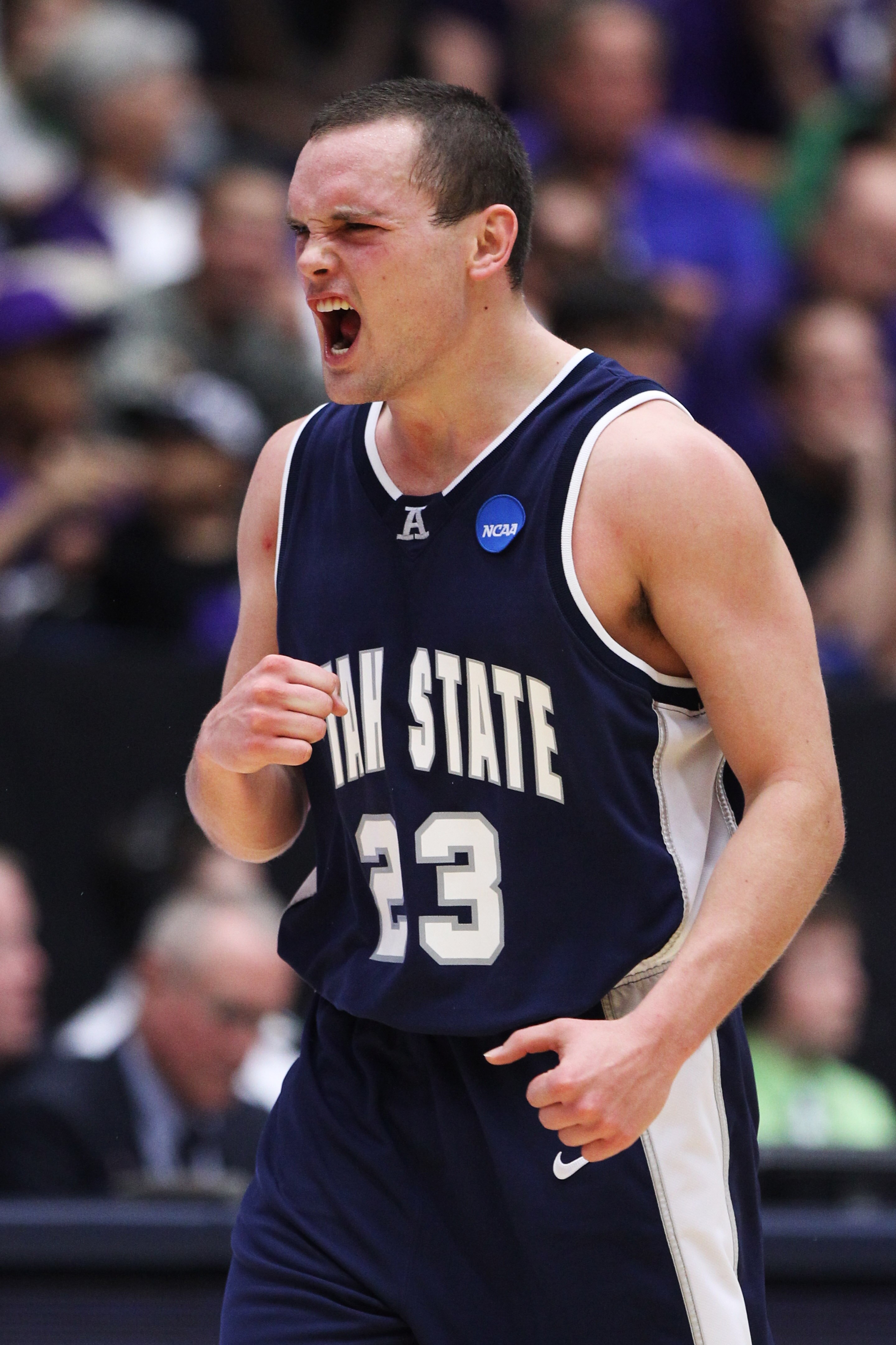 TUCSON, AZ - MARCH 17:  Brian Green #23 of the Utah State Aggies reacts during their game against the Kansas State Wildcats during the second round of the 2011 NCAA men's basketball tournament at McKale Center on March 17, 2011 in Tucson, Arizona.  (Photo