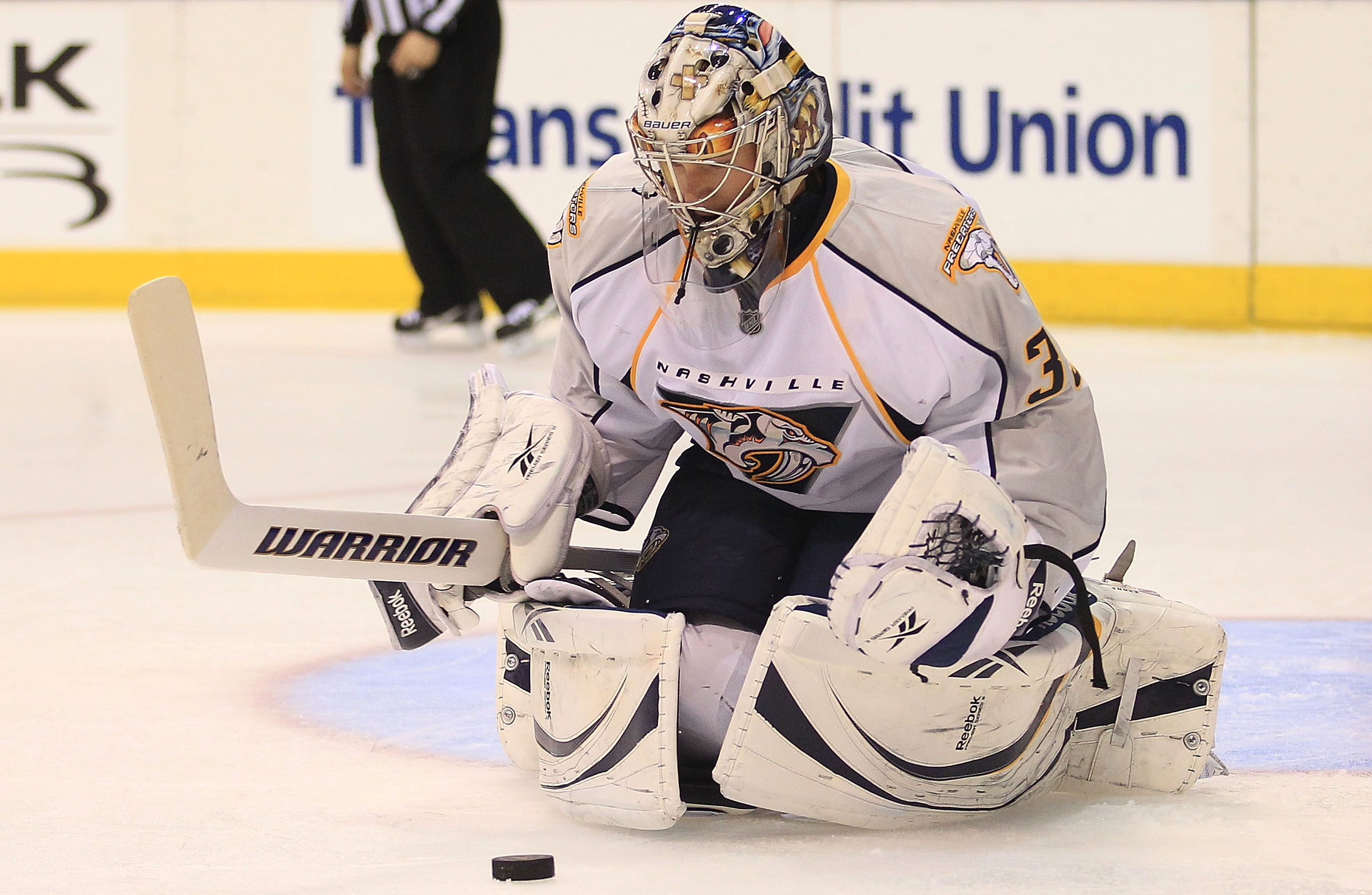 DALLAS, TX - FEBRUARY 26:  Goaltender Pekka Rinne #35 of the Nashville Predators makes a save against the Dallas Stars at American Airlines Center on February 26, 2011 in Dallas, Texas.  (Photo by Ronald Martinez/Getty Images)