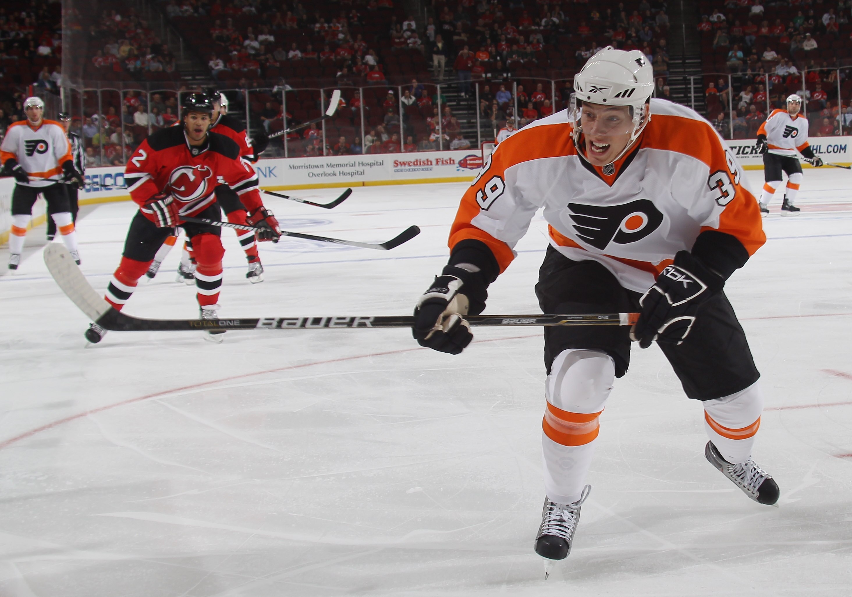 NEWARK, NJ - SEPTEMBER 28:  Mike Testwuide #39  of the Philadelphia Flyers skates against the New Jersey Devils at the Prudential Center on September 28, 2010 in Newark, New Jersey.  (Photo by Bruce Bennett/Getty Images)