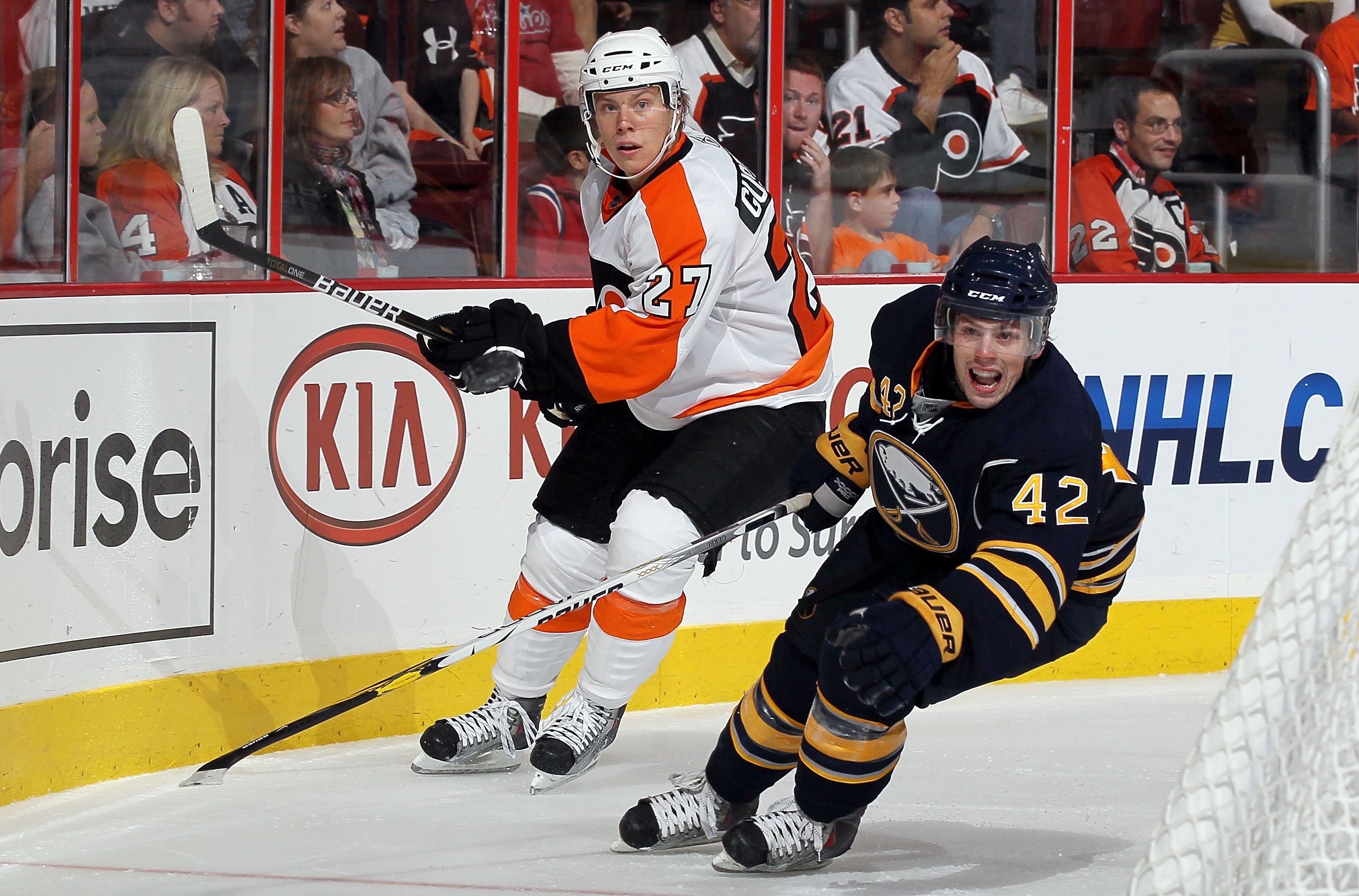 PHILADELPHIA - OCTOBER 01:  Erik Gustafsson #27 of the Philadelphia Flyers skates against Nathan Gerbe #42 of the Buffalo Sabres on October 1, 2010 at Wells Fargo Center in Philadelphia, Pennsylvania.  (Photo by Jim McIsaac/Getty Images)