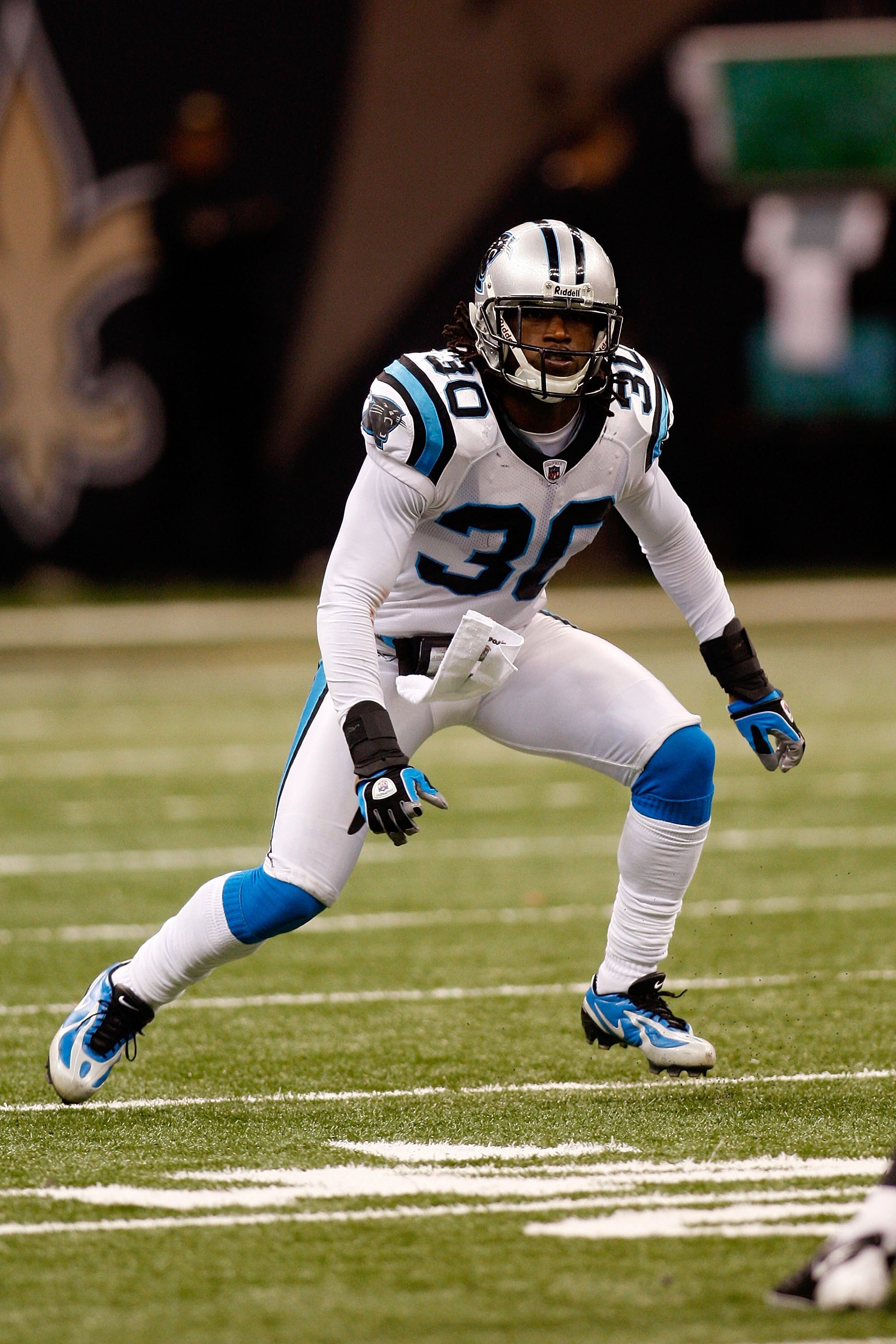 NEW ORLEANS - DECEMBER 28:  Charles Godfrey #30  of the Carolina Panthers defends during the game against the New Orleans Saints on December 28, 2008 at the Superdome in New Orleans, Louisiana.  (Photo by Chris Graythen/Getty Images)