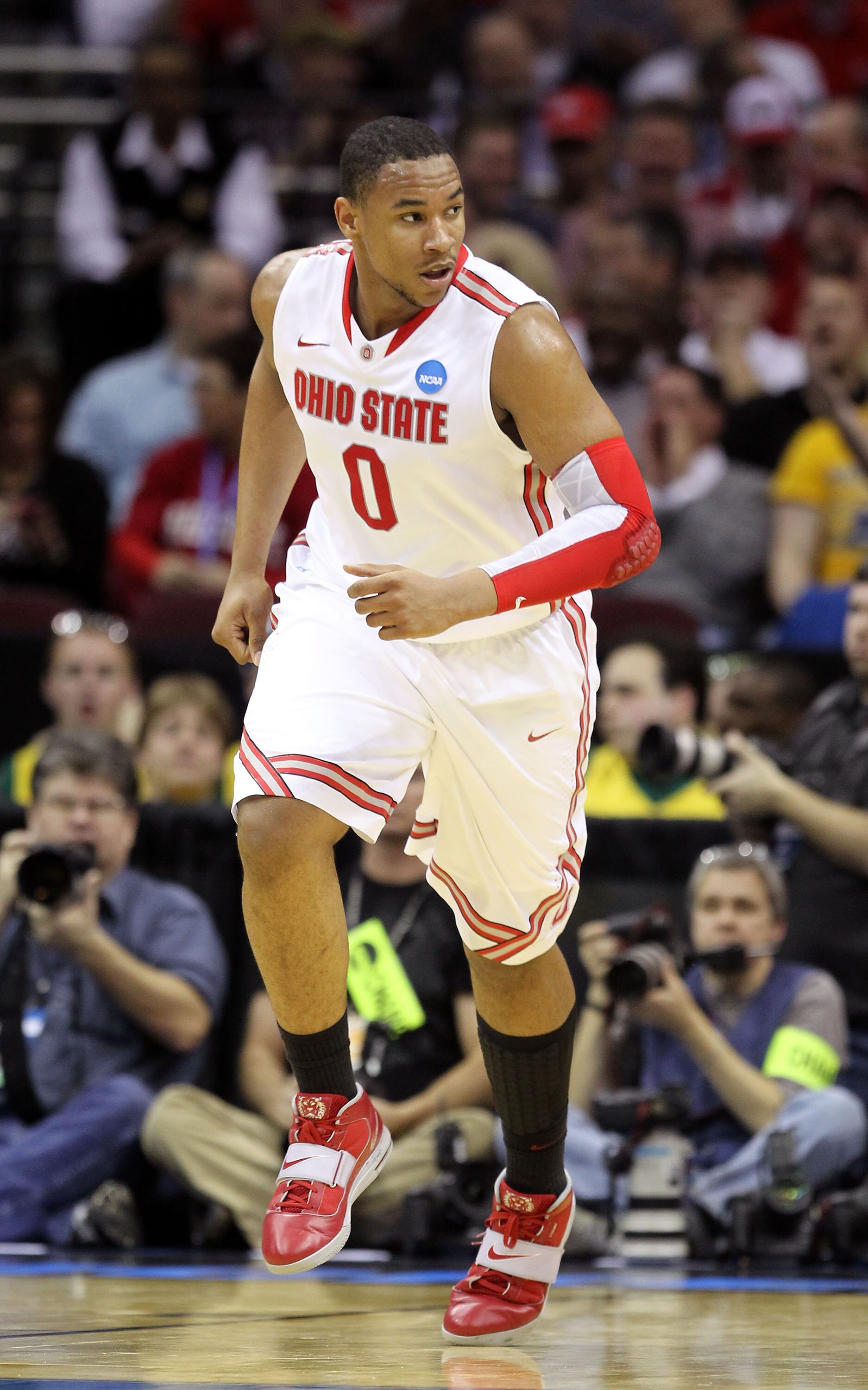 CLEVELAND, OH - MARCH 18:  Jared Sullinger #0 of the Ohio State Buckeyes runs up court after a play against the Texas-San Antonio Roadrunners during the second round of the 2011 NCAA men's basketball tournament at Quicken Loans Arena on March 18, 2011 in