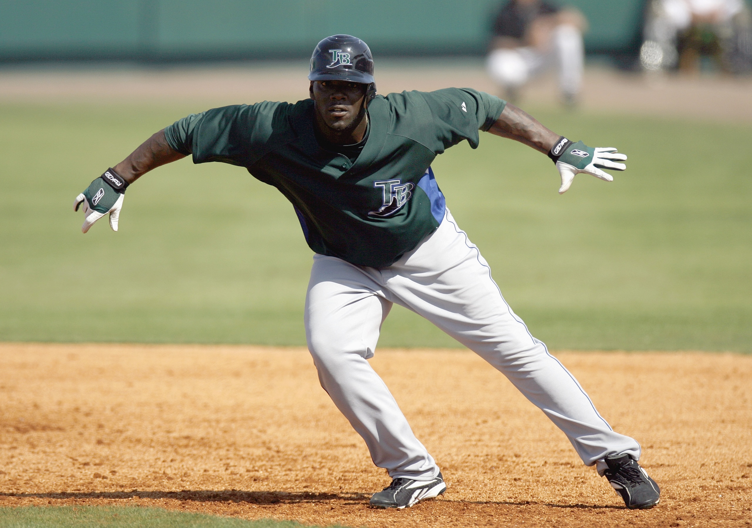 BRADENTON, FL - MARCH 8: Elijah Dukes #35 of the Tampa Bay Devil Rays looks to steel the base during a Spring Training game against the Pittsburgh Pirates on March 8, 2007 at McKechnie Field in Bradenton, Florida. Pittsburgh won the game 5-2. (Photo by Gr