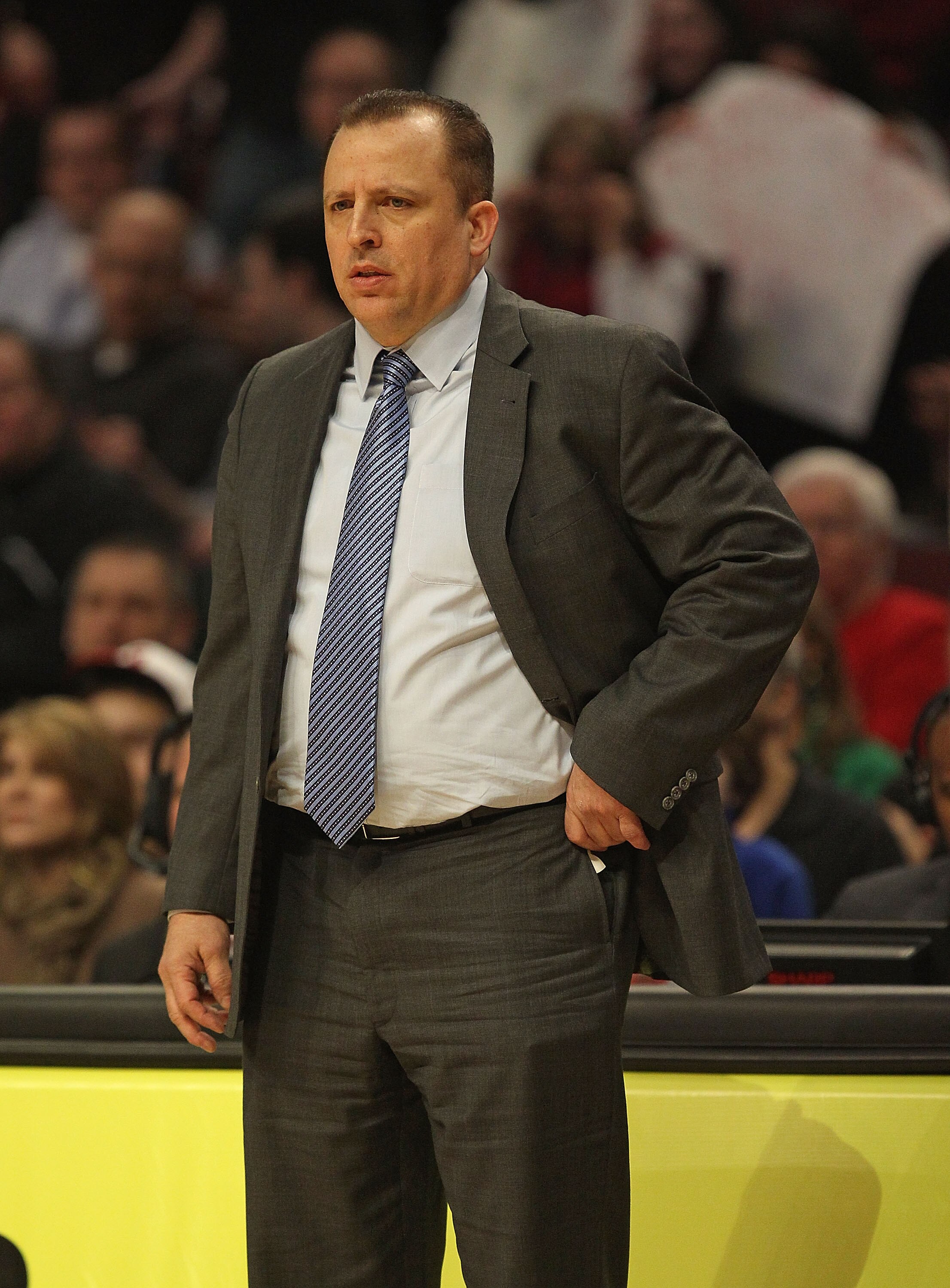 CHICAGO, IL - MARCH 12: Head coach Tom Thibodeau of the Chicago Bulls watches as his team takes on the Utah Jazz at the United Center on March 12, 2011 in Chicago, Illinois. The Bulls defeated the Jazz 118-100. NOTE TO USER: User expressly acknowledges an