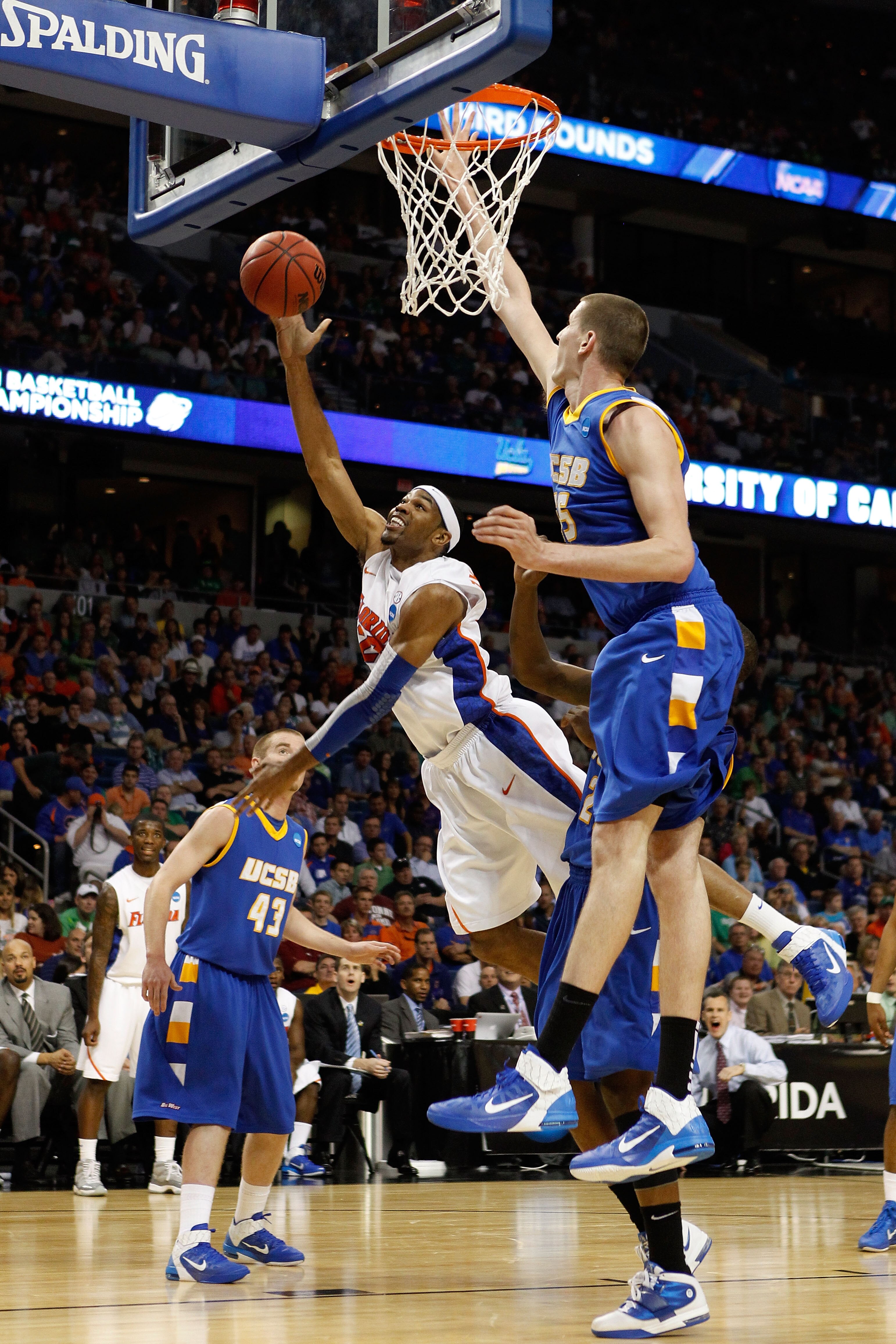 TAMPA, FL - MARCH 17:  Alex Tyus #23 of the Florida Gators drives for a shot attempt against Greg Somogyi #55 of the UC Santa Barbara Gauchos during the second round of the 2011 NCAA men's basketball tournament at St. Pete Times Forum on March 17, 2011 in