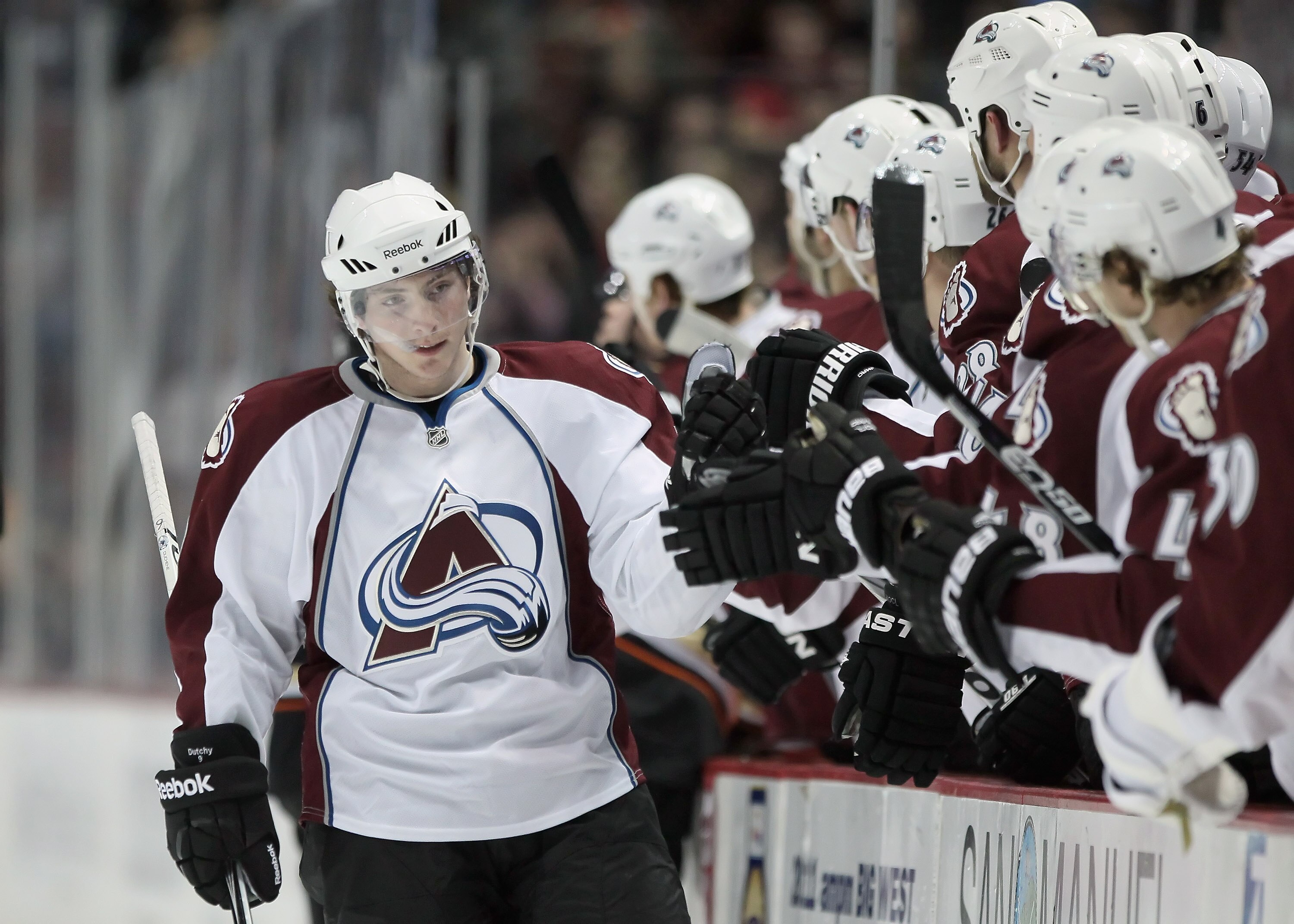 ANAHEIM, CA - FEBRUARY 27:  Matt Duchene #9 of the Colorado Avalanche receives high fives from the bench against the Anaheim Ducks at Honda Center on February 27, 2011 in Anaheim, California.  (Photo by Jeff Gross/Getty Images)