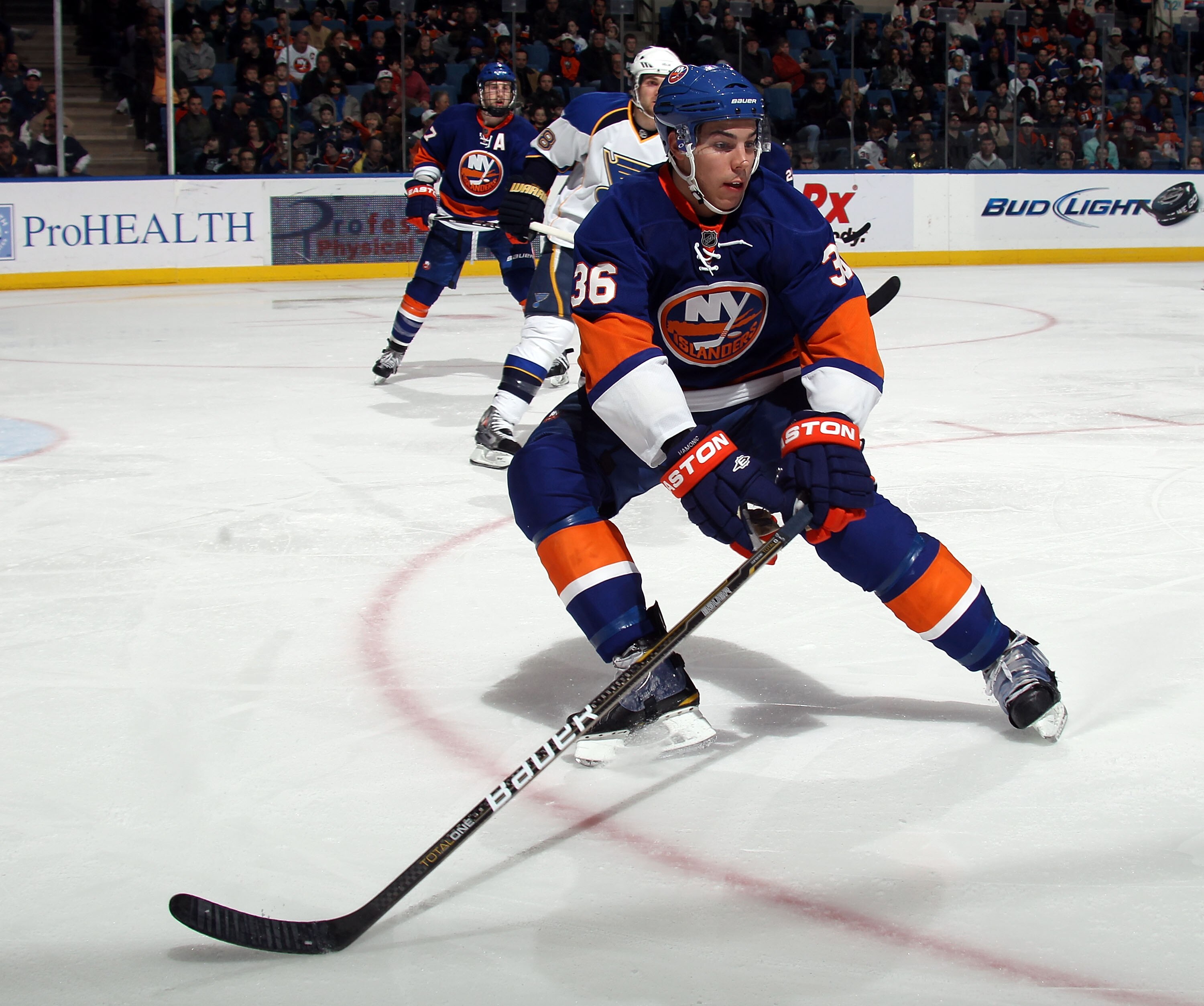 UNIONDALE, NY - MARCH 05:  Travis Hamonic #36 of the New York Islanders skates against the St. Louis Blues at the Nassau Coliseum on March 5, 2011 in Uniondale, New York.  (Photo by Bruce Bennett/Getty Images)