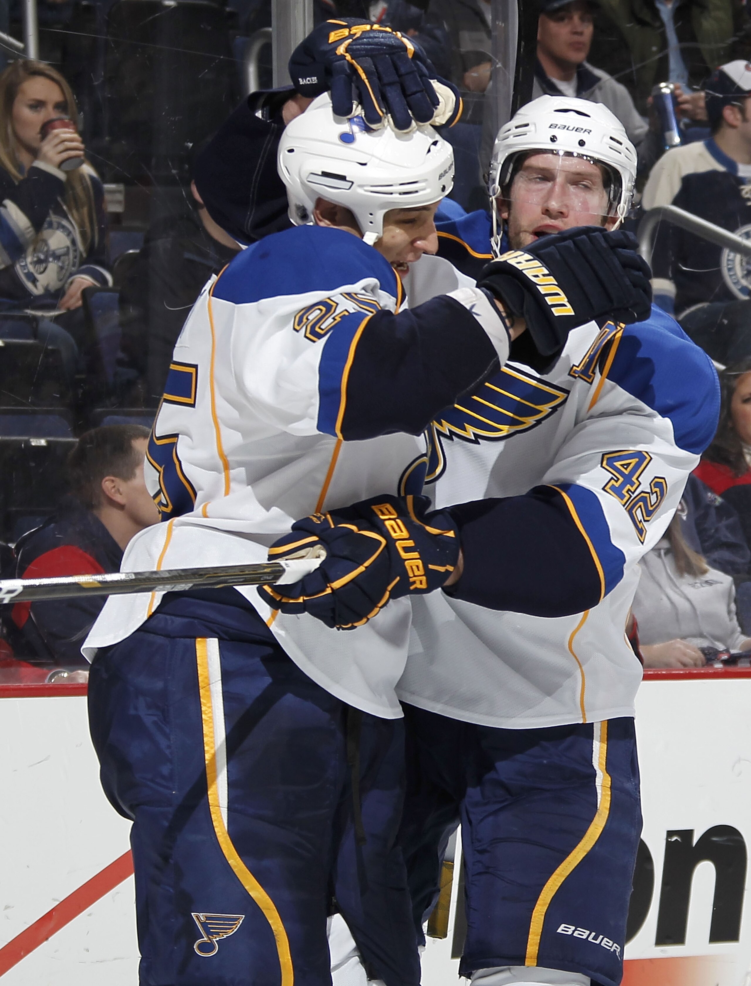 COLUMBUS, OH - MARCH 09:  Chris Stewart #25 of the St. Louis Blues celebrates his third-period goal with teammate David Backes #42 while playing the Columbus Blue Jackets on March 9, 2011 at Nationwide Arena in Columbus, Ohio.  (Photo by Gregory Shamus/Ge
