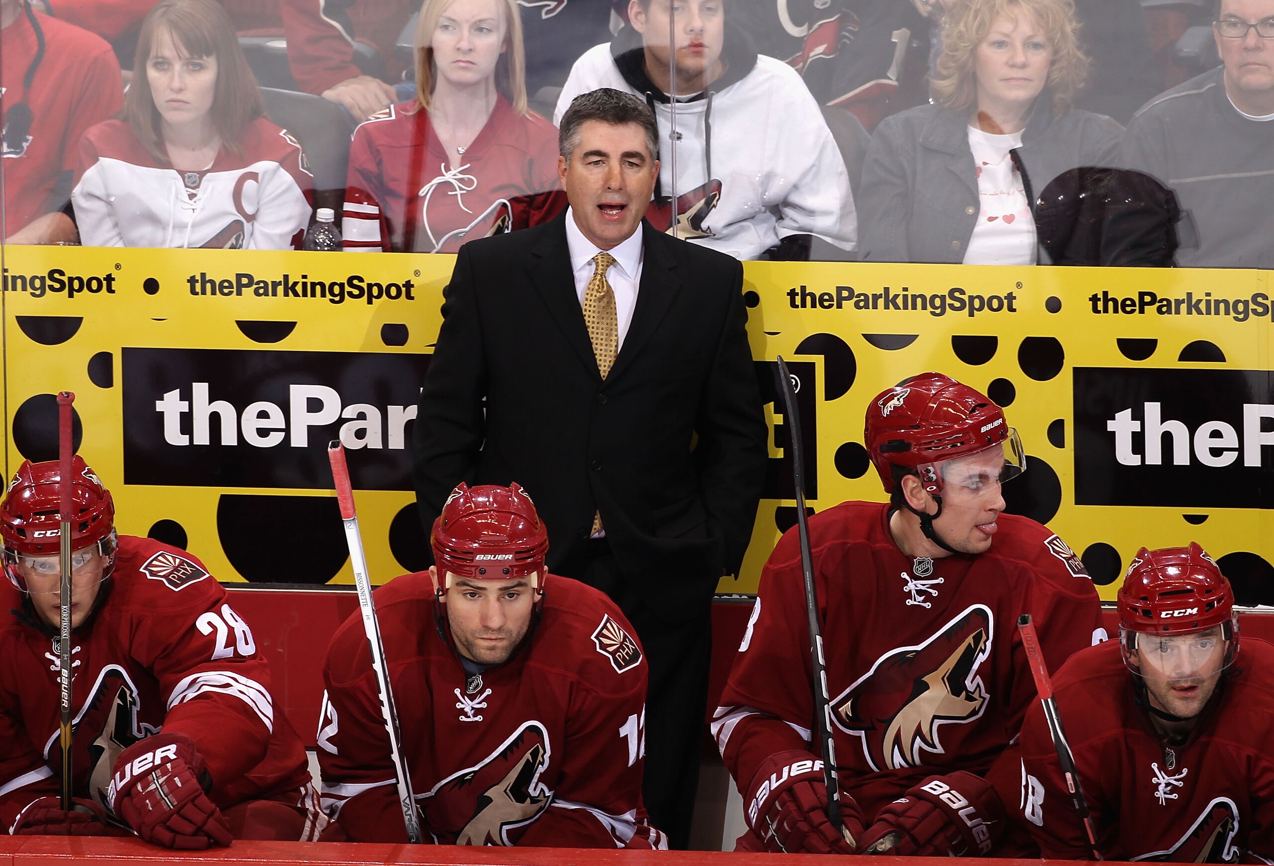 GLENDALE, AZ - FEBRUARY 14:  Head coach Dave Tippett of the Phoenix Coyotes during the NHL game against the Washington Capitals at Jobing.com Arena on February 14, 2011 in Glendale, Arizona.  The Coyotes defeated the Capitals 3-2.  (Photo by Christian Pet