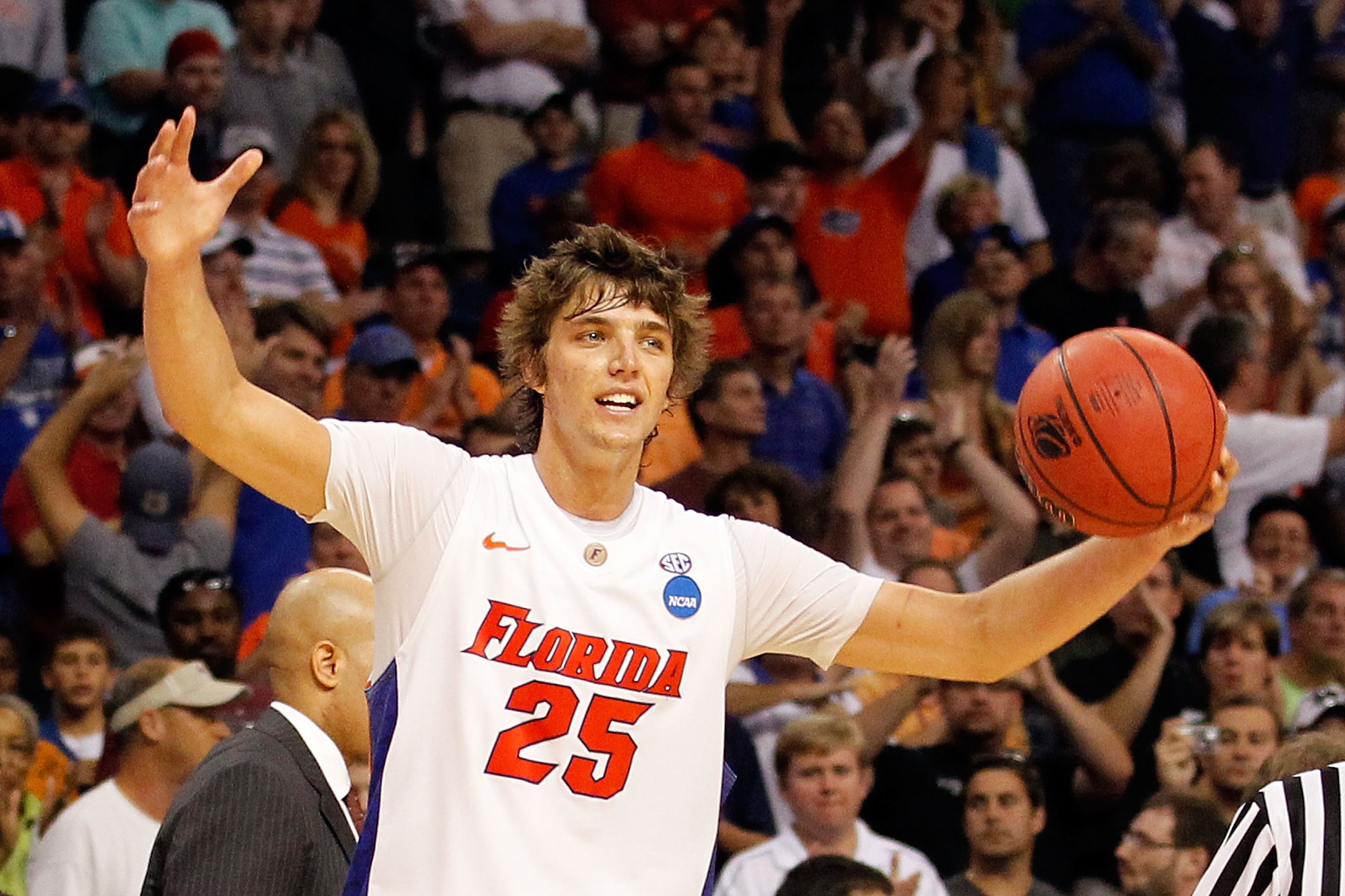 TAMPA, FL - MARCH 19:  Chandler Parsons #25 of the Florida Gators celebrates after FLordia won 73-65 against the UCLA Bruins during the third round of the 2011 NCAA men's basketball tournament at St. Pete Times Forum on March 19, 2011 in Tampa, Florida.  