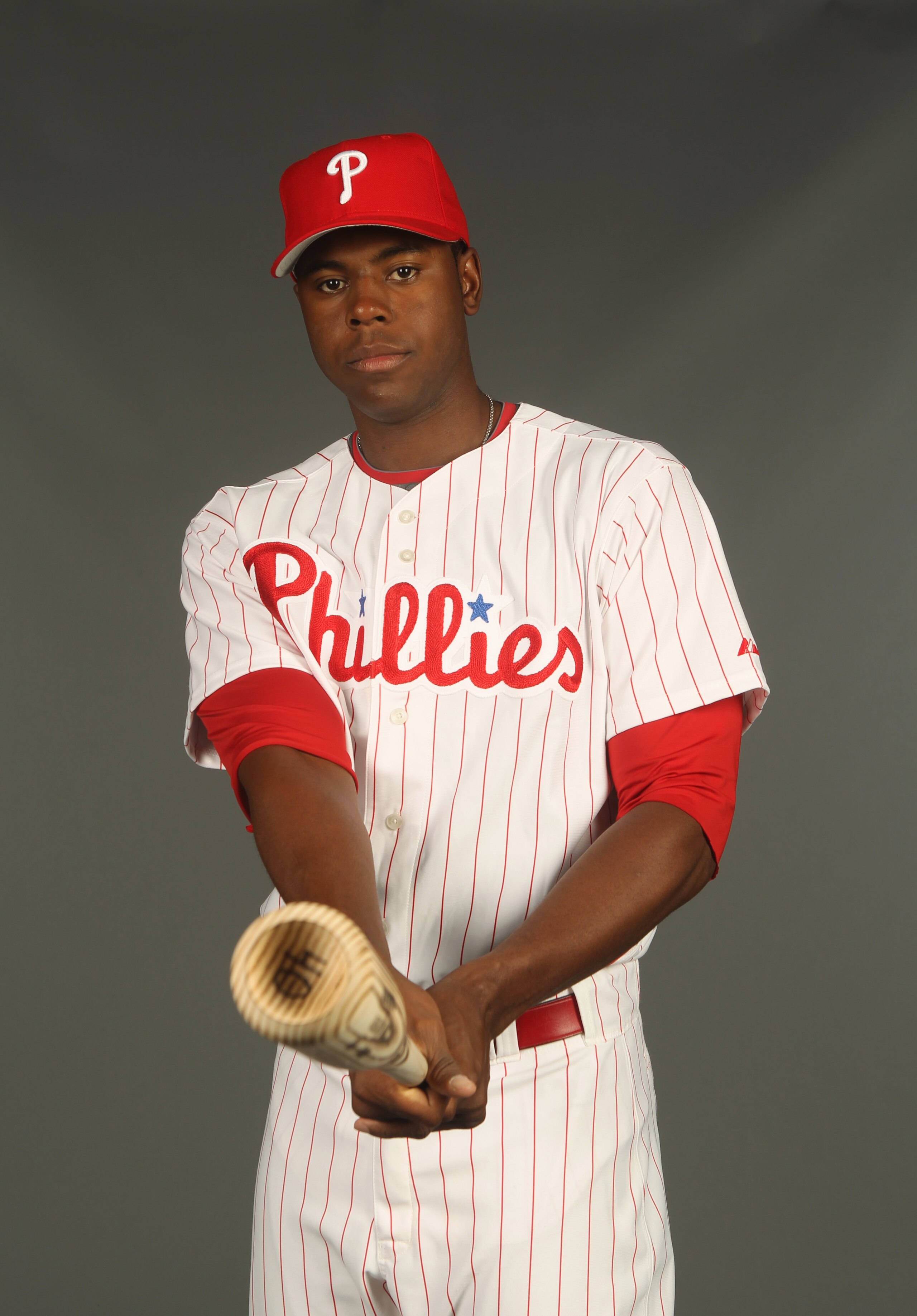 CLEARWATER, FL - FEBRUARY 24:  John Mayberry Jr. #40 of the Philadelphia Phillies poses for a photo during Spring Training Media Photo Day at Bright House Networks Field on February 24, 2010 in Clearwater, Florida.  (Photo by Nick Laham/Getty Images)