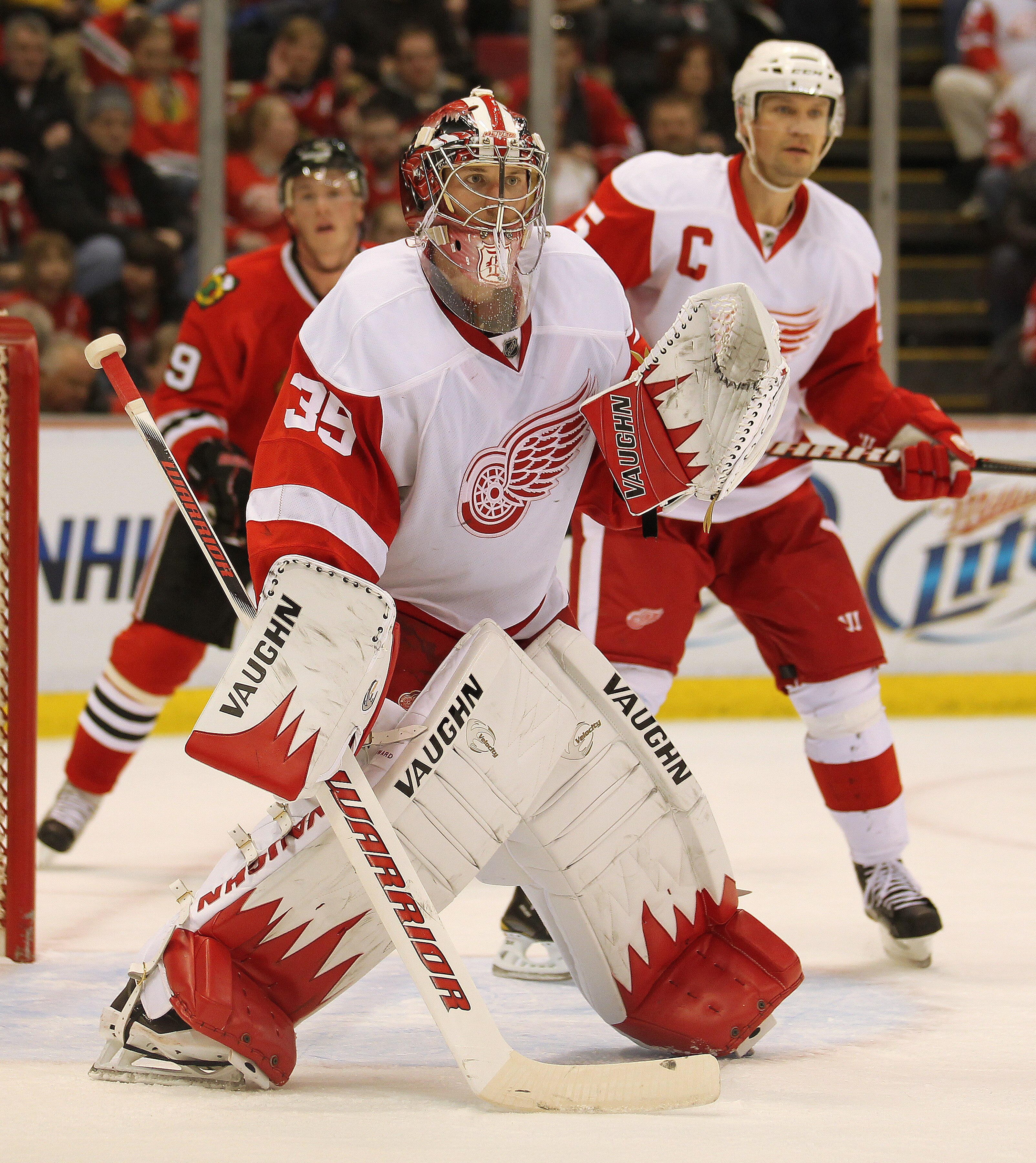 DETROIT, MI - JANUARY 22:  Jimmy Howard #35 of the Detroit Red Wings watches the play in a game against the Chicago Black Hawks on January 22, 2011 at the Joe Louis Arena in Detroit, Michigan. The Hawks defeated the Wings 4-1. (Photo by Claus Andersen/Get