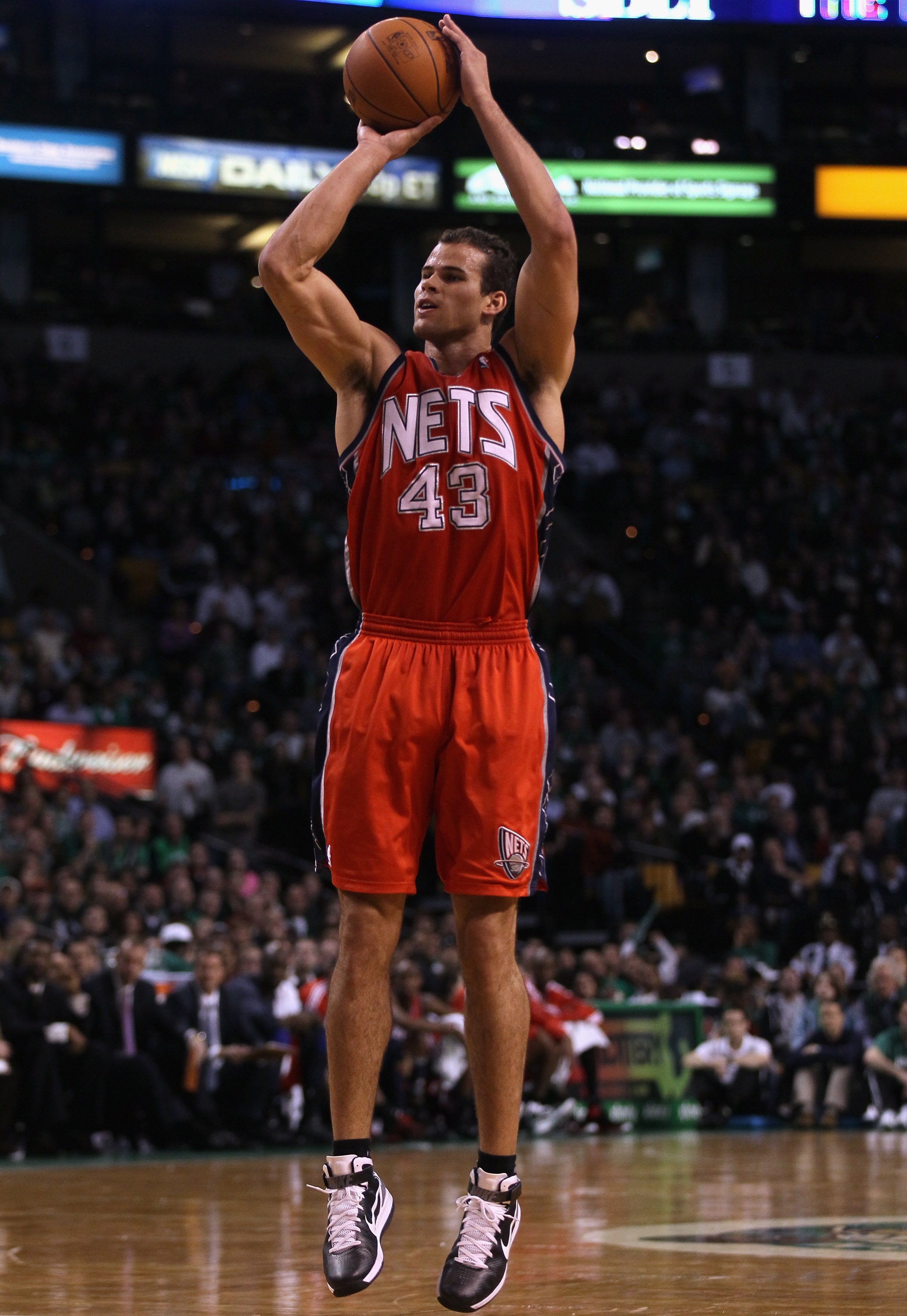 BOSTON - NOVEMBER 24: Kris Humphries #43 of the New Jersey Nets takes a shot in the second half against the Boston Celtics on November 24, 2010 at the TD Garden in Boston, Massachusetts. The Celtics defeated the nets 89-83. NOTE TO USER: User expressly a BOSTON - NOVEMBER 24: Kris Humphries #43 of the New Jersey Nets takes a shot in the second half against the Boston Celtics on November 24, 2010 at the TD Garden in Boston, Massachusetts. The Celtics defeated the nets 89-83. NOTE TO USER: User expressly a