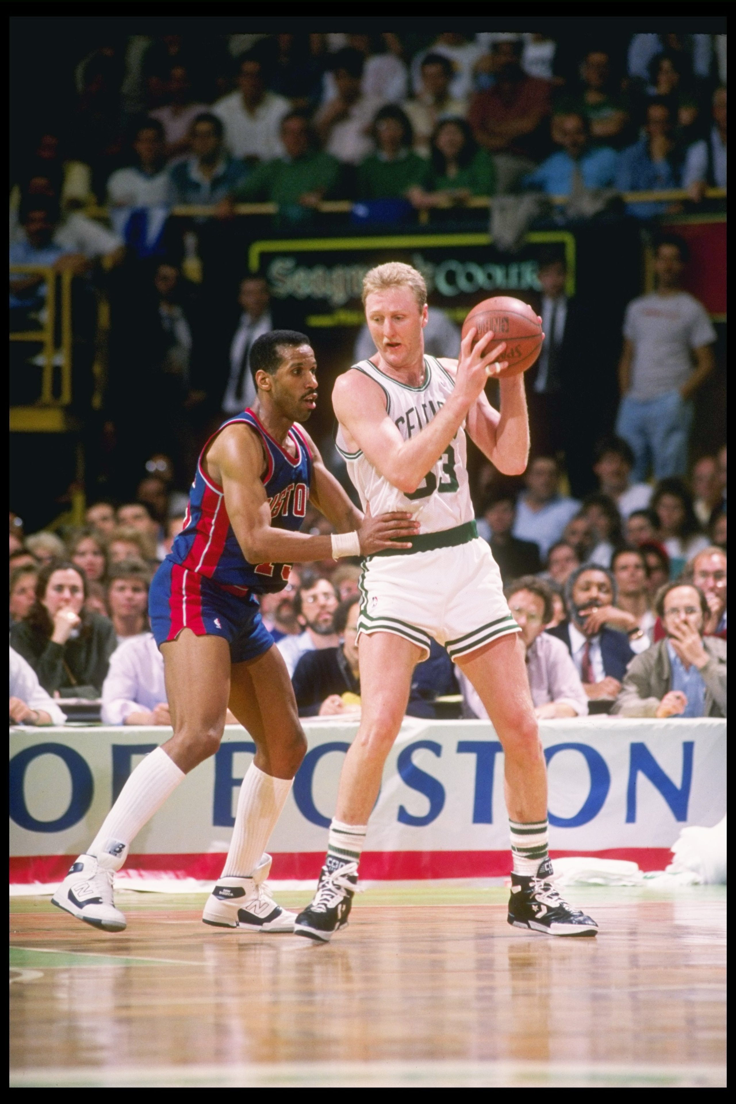 1988:  Detroit Pistons forward Adrian Dantley guards Boston Celtics forward Larry Bird during game at Boston Garden in Boston, Massachusetts. Mandatory Credit: Allsport  /Allsport