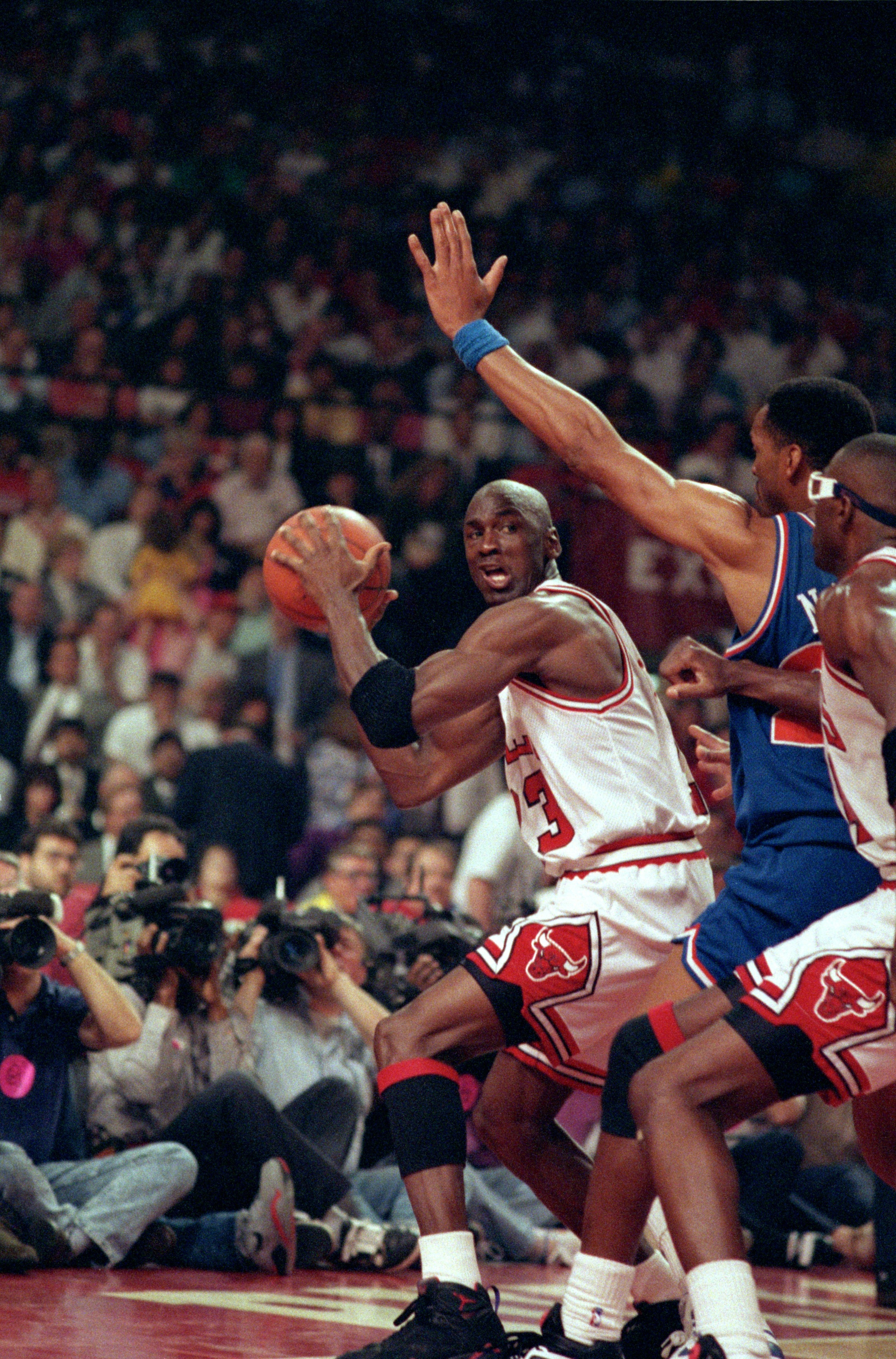 19 May 1992:   Michael Jordan #23 of the Chicago Bulls looks to pass the ball during the game against the Cleveland Cavaliers at the United Center in Chicago, Illinois.  Michael Jordan #23 recieved a MVP trophy during a ceremony.    NOTE TO USER: It is ex