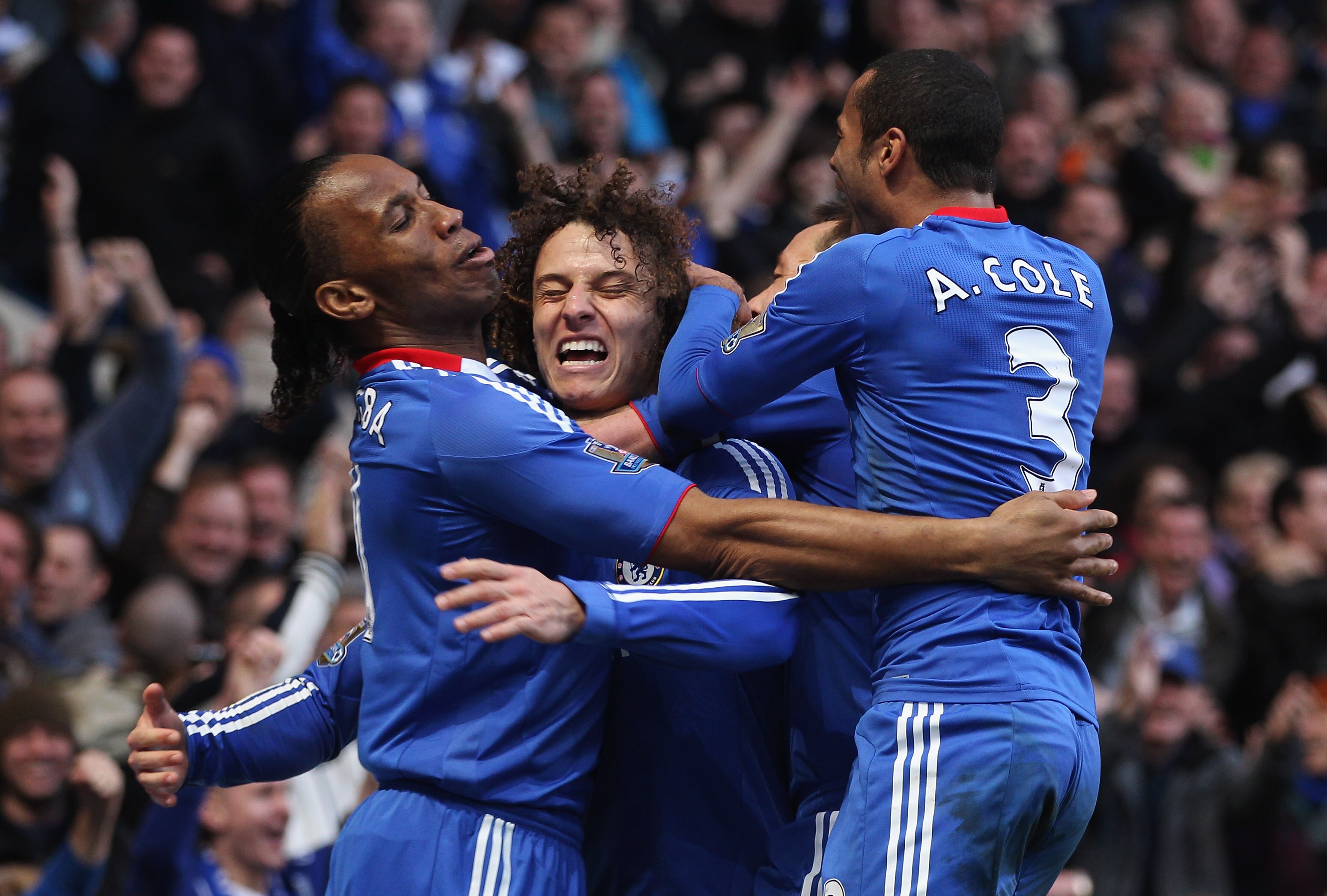 LONDON, ENGLAND - MARCH 20: David Luiz of Chelsea (2L) celebrates with Didier Drogba (L), John Terry (2R) and Ashley Cole (R) as he scores their first goal during the Barclays Premier League match between Chelsea and Manchester City at Stamford Bridge on LONDON, ENGLAND - MARCH 20: David Luiz of Chelsea (2L) celebrates with Didier Drogba (L), John Terry (2R) and Ashley Cole (R) as he scores their first goal during the Barclays Premier League match between Chelsea and Manchester City at Stamford Bridge on