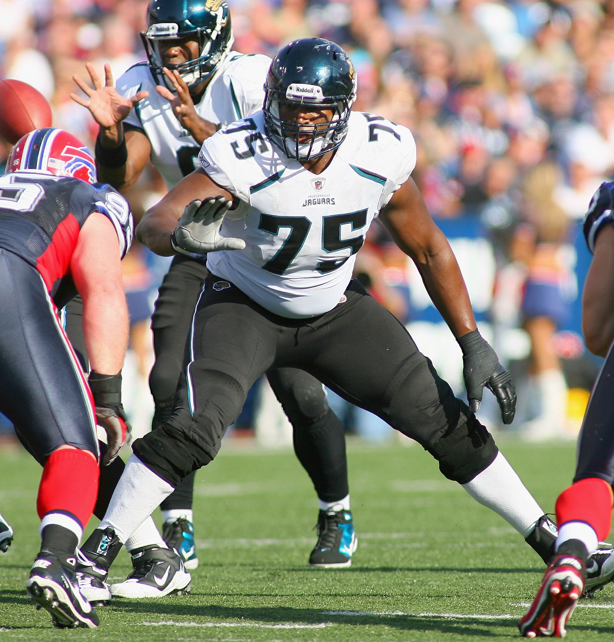 ORCHARD PARK, NY - OCTOBER 10: Eugene Monroe #75 of the Jacksonville Jaguars blocks against the Buffalo Bills at Ralph Wilson Stadium on October 10, 2010 in Orchard Park, New York. The Jaguars won 36-26. (Photo by Rick Stewart/Getty Images)