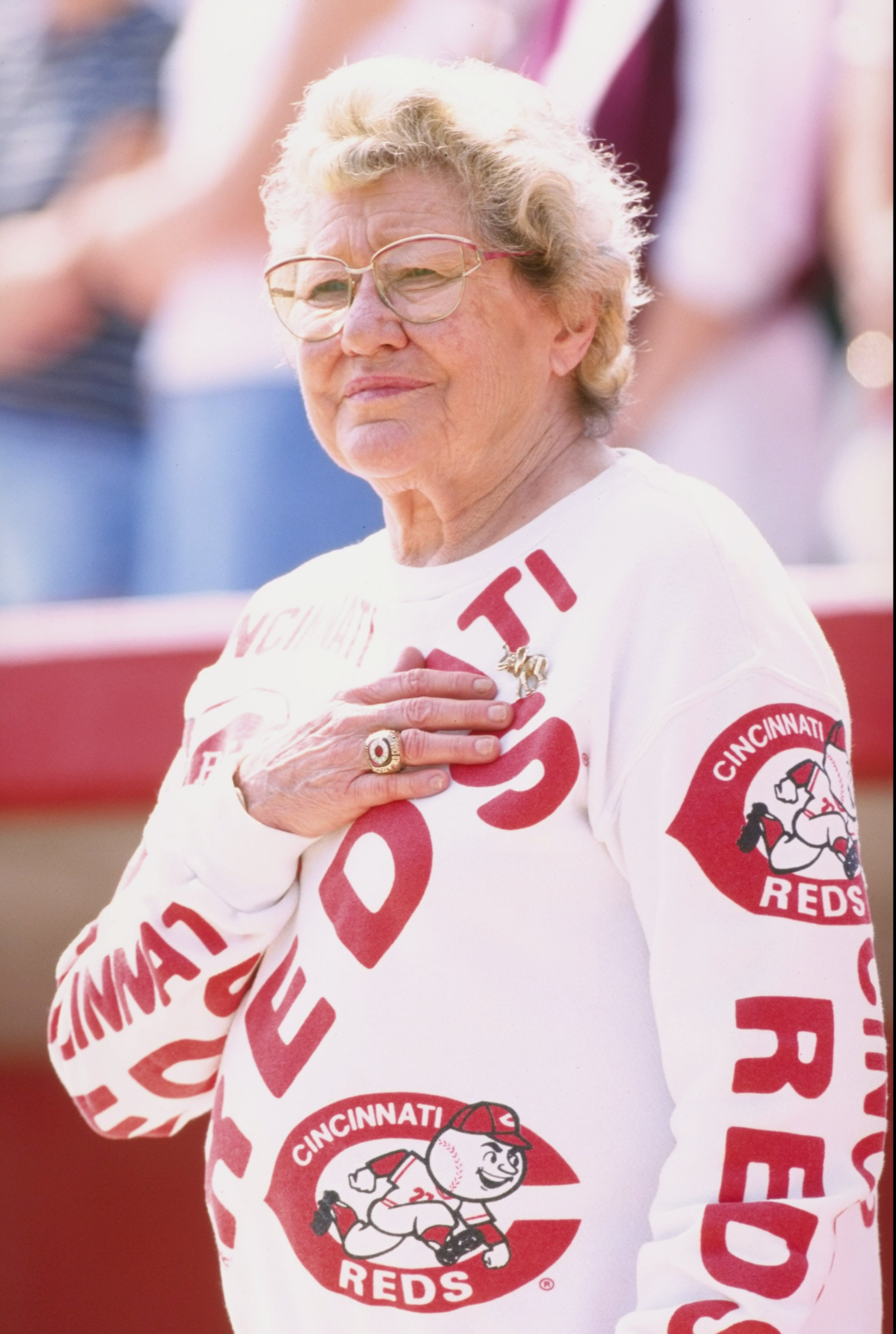 1 Mar 1998: Cincinnati Reds owner Marge Schott looks on during a spring training game against the Texas Rangers at the Ed Smith Stadium in Sarasota, Florida. The Rangers defeated the Reds 12-9. Mandatory Credit: Tom Hauck /Allsport 1 Mar 1998: Cincinnati Reds owner Marge Schott looks on during a spring training game against the Texas Rangers at the Ed Smith Stadium in Sarasota, Florida. The Rangers defeated the Reds 12-9. Mandatory Credit: Tom Hauck /Allsport