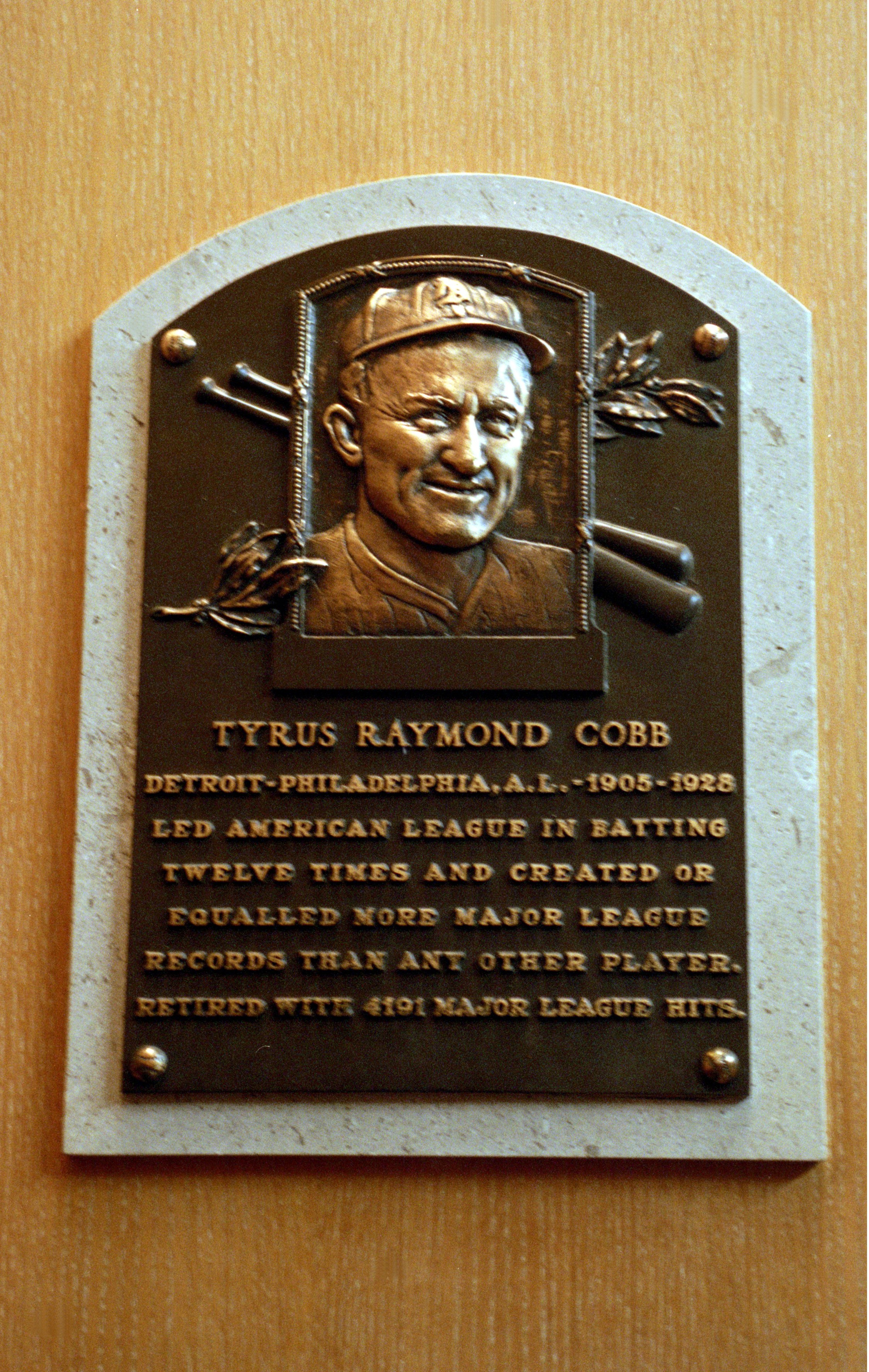 24 Jul 2000: A general view of the plaque dedicated to Tyrus Raymond 'Ty' Cobb at the Baseball Hall of Fame in Cooperstown, New York.Mandatory Credit: Ezra O. Shaw /Allsport 24 Jul 2000: A general view of the plaque dedicated to Tyrus Raymond 'Ty' Cobb at the Baseball Hall of Fame in Cooperstown, New York.Mandatory Credit: Ezra O. Shaw /Allsport
