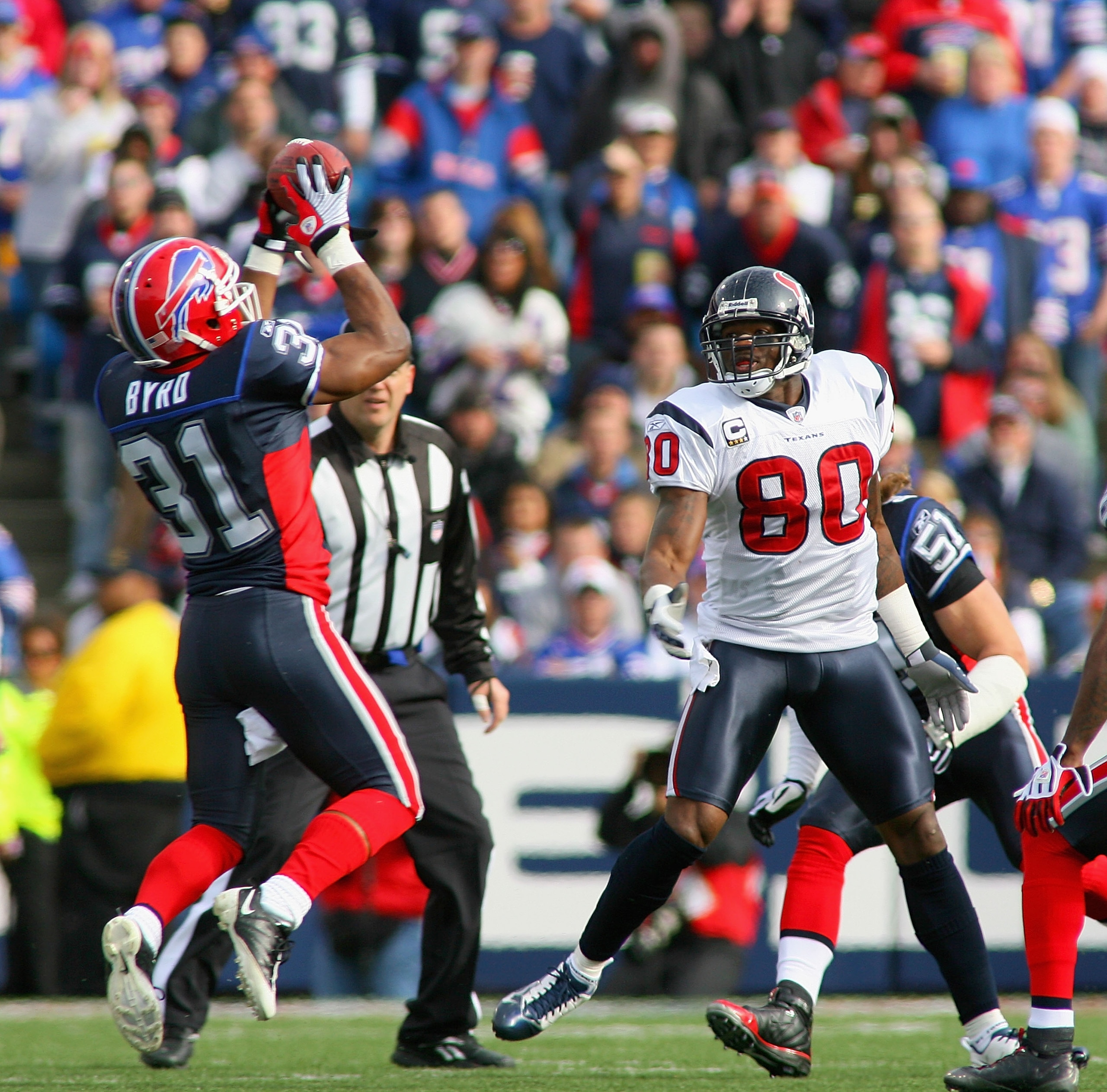 ORCHARD PARK, NY - NOVEMBER 01: Jairus Byrd #31 of the Buffalo Bills intercepts a pass that deflected off of Andre Johnson #80 of the Houston Texans at Ralph Wilson Stadium on November 1, 2009 in Orchard Park, New York.  (Photo by Rick Stewart/Getty Image