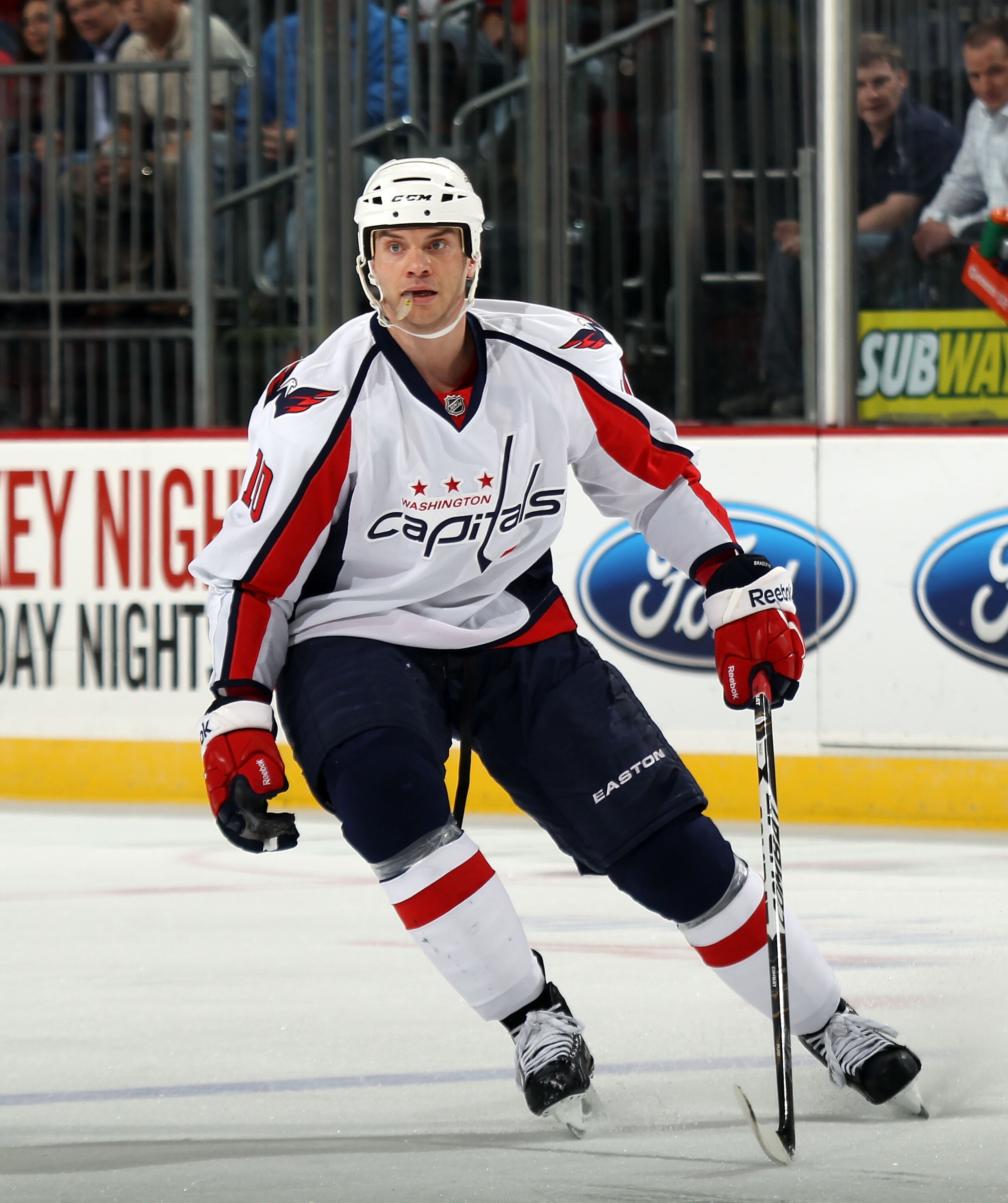NEWARK, NJ - MARCH 18:  Matt Bradley #10 of the Washington Capitals skates against the New Jersey Devils at the Prudential Center on March 18, 2011 in Newark, New Jersey. The Capitals shut out the Devils 3-0.  (Photo by Bruce Bennett/Getty Images)