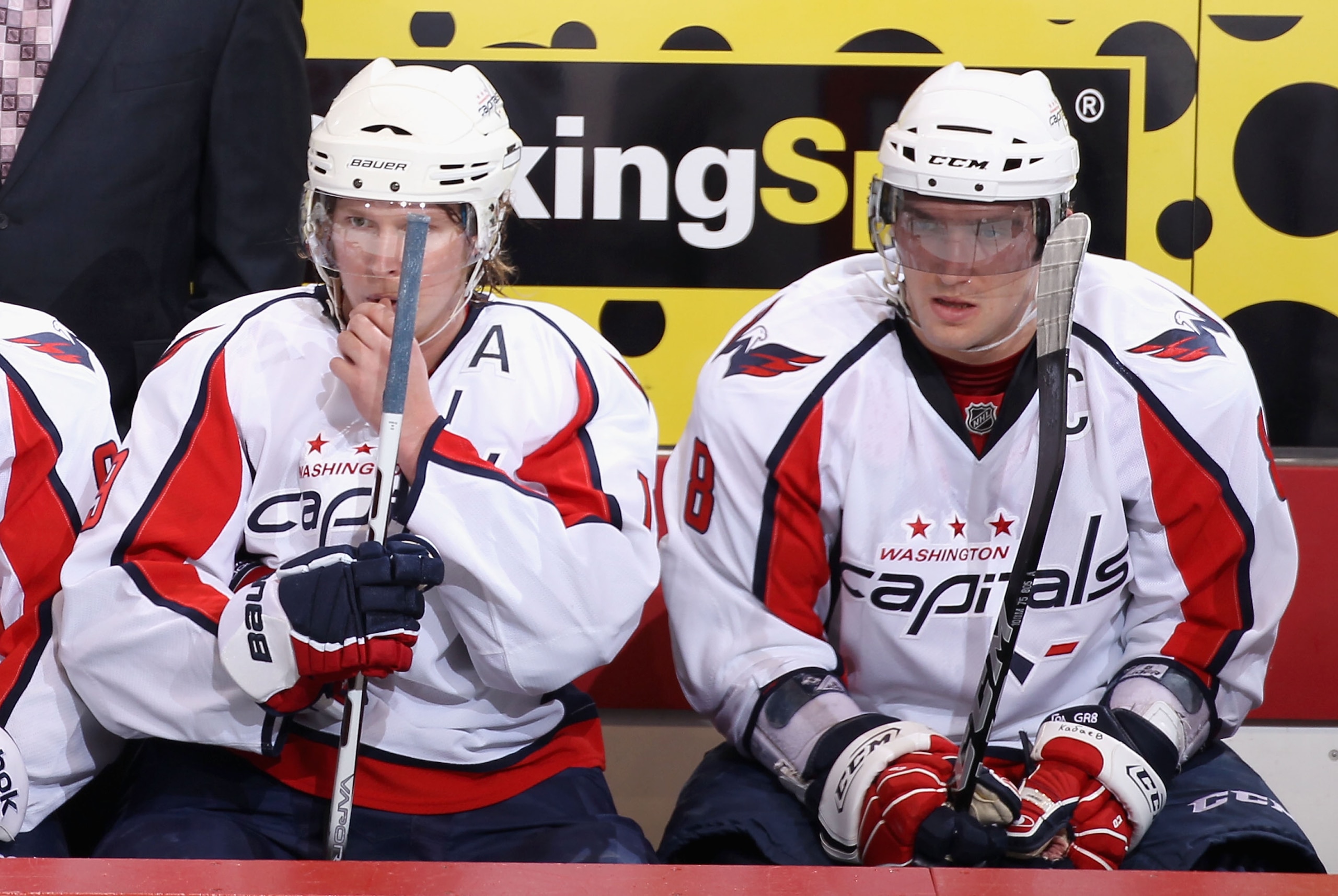 GLENDALE, AZ - FEBRUARY 14:  (L-R) Nicklas Backstrom #19 and Alex Ovechkin #8 of the Washington Capitals on the bench during the NHL game against the Phoenix Coyotes at Jobing.com Arena on February 14, 2011 in Glendale, Arizona. The Coyotes defeated the C