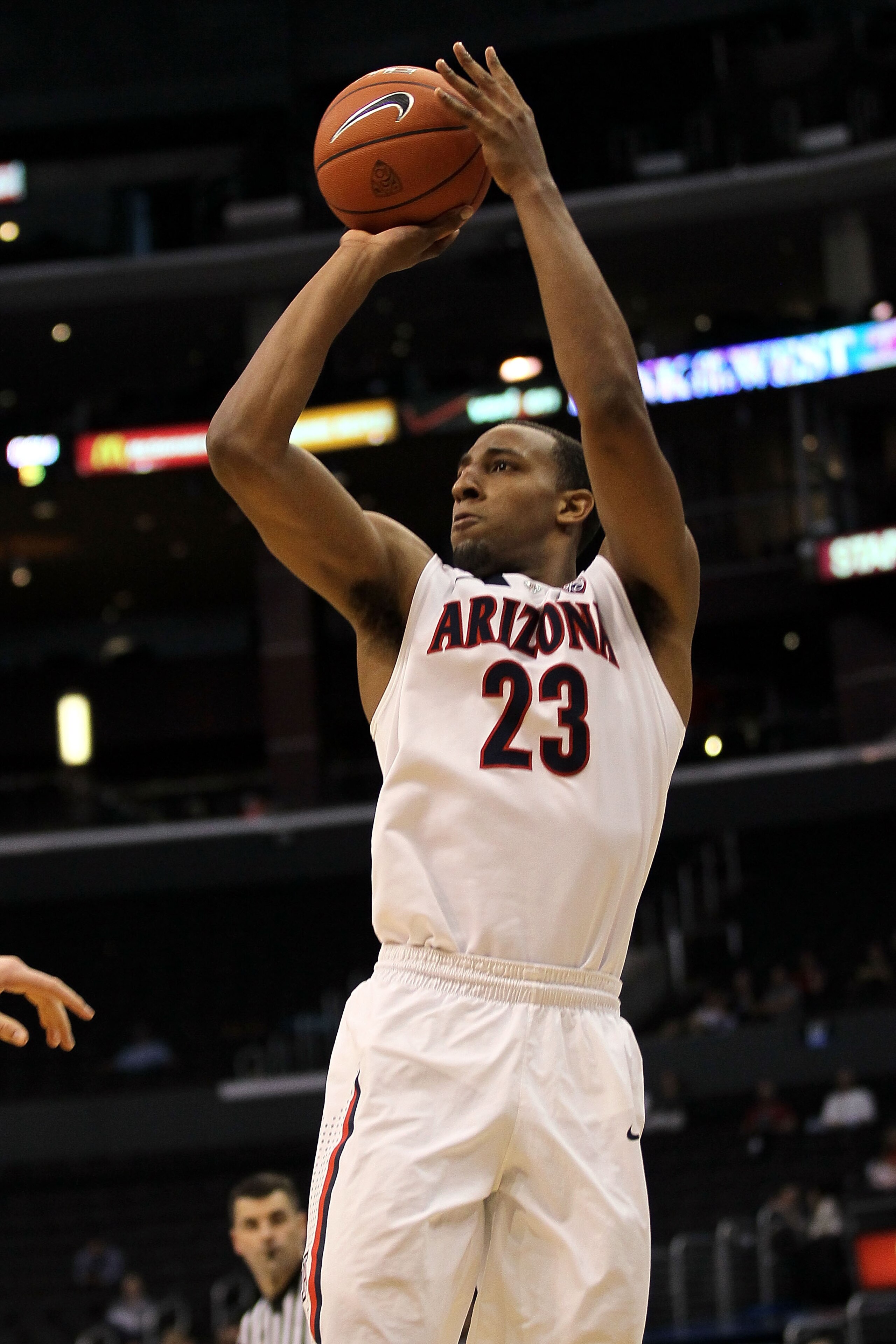 LOS ANGELES, CA - MARCH 10:  Derrick Williams #23 of the Arizona Wildcats shoots a three-pointer against the Oregon State Beavers in the second half in the quarterfinals of the 2011 Pacific Life Pac-10 Men's Basketball Tournament at Staples Center on Marc