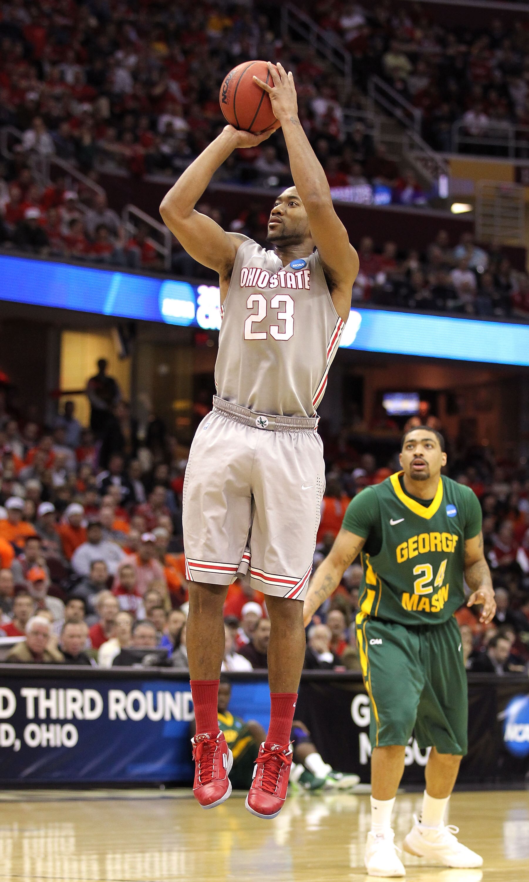 CLEVELAND, OH - MARCH 20: David Lighty #23 of the Ohio State Buckeyes shoots against the George Mason Patriots during the third of the 2011 NCAA men's basketball tournament at Quicken Loans Arena on March 20, 2011 in Cleveland, Ohio.  (Photo by Andy Lyons
