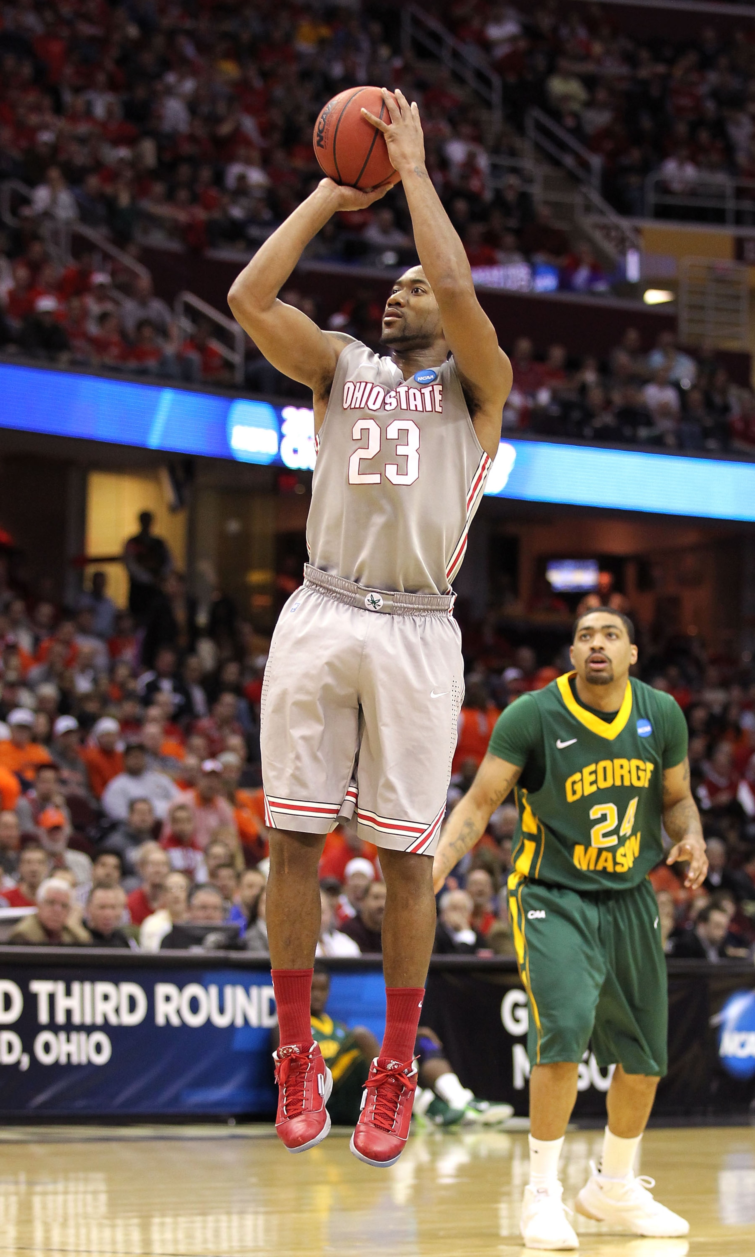 CLEVELAND, OH - MARCH 20: David Lighty #23 of the Ohio State Buckeyes shoots against the George Mason Patriots during the third of the 2011 NCAA men's basketball tournament at Quicken Loans Arena on March 20, 2011 in Cleveland, Ohio.  (Photo by Andy Lyons