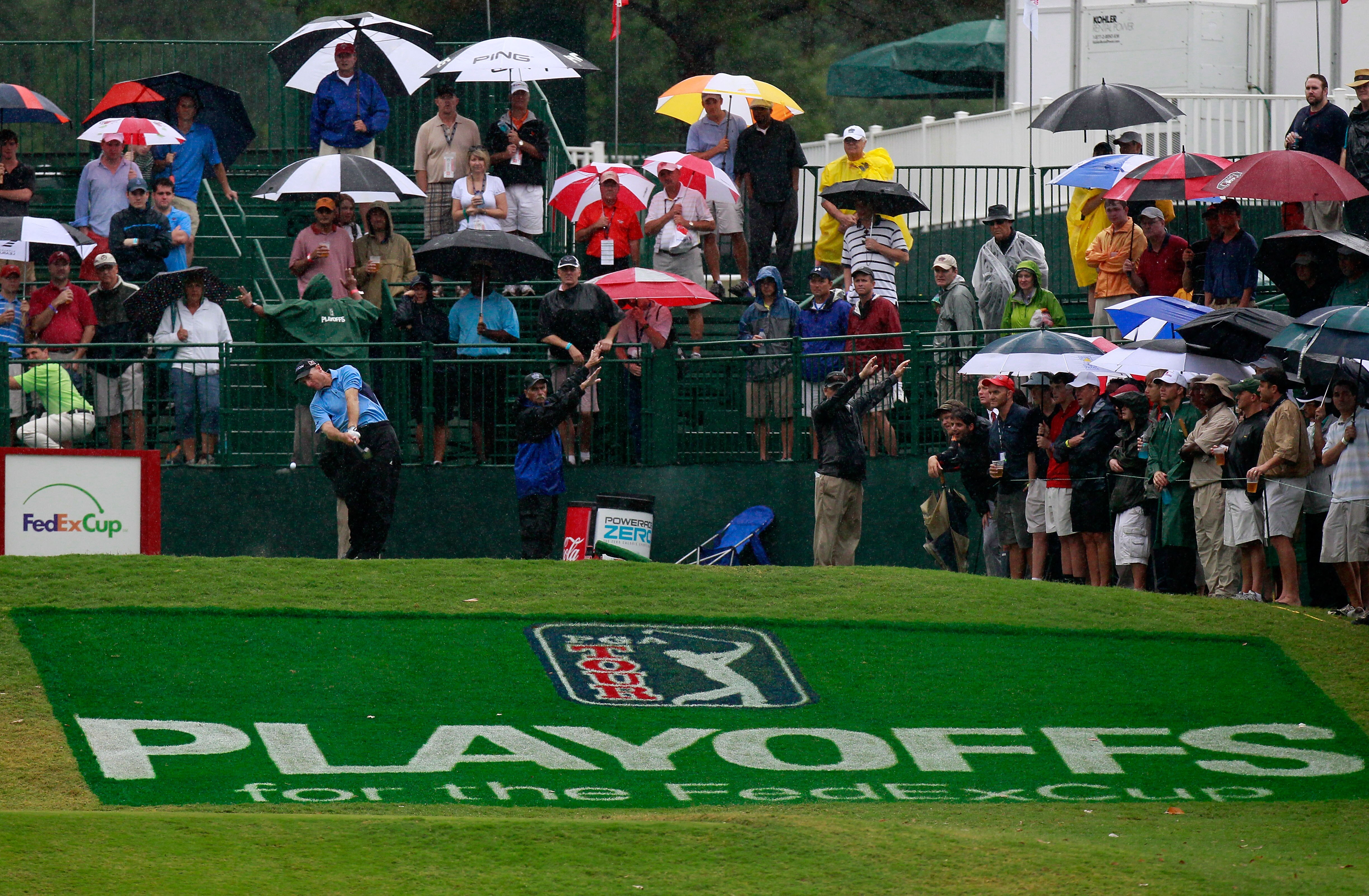 ATLANTA - SEPTEMBER 26:  Jim Furyk hits his tee shot on the 18th hole during the final round of THE TOUR Championship presented by Coca-Cola at East Lake Golf Club on September 26, 2010 in Atlanta, Georgia.  (Photo by Kevin C. Cox/Getty Images)