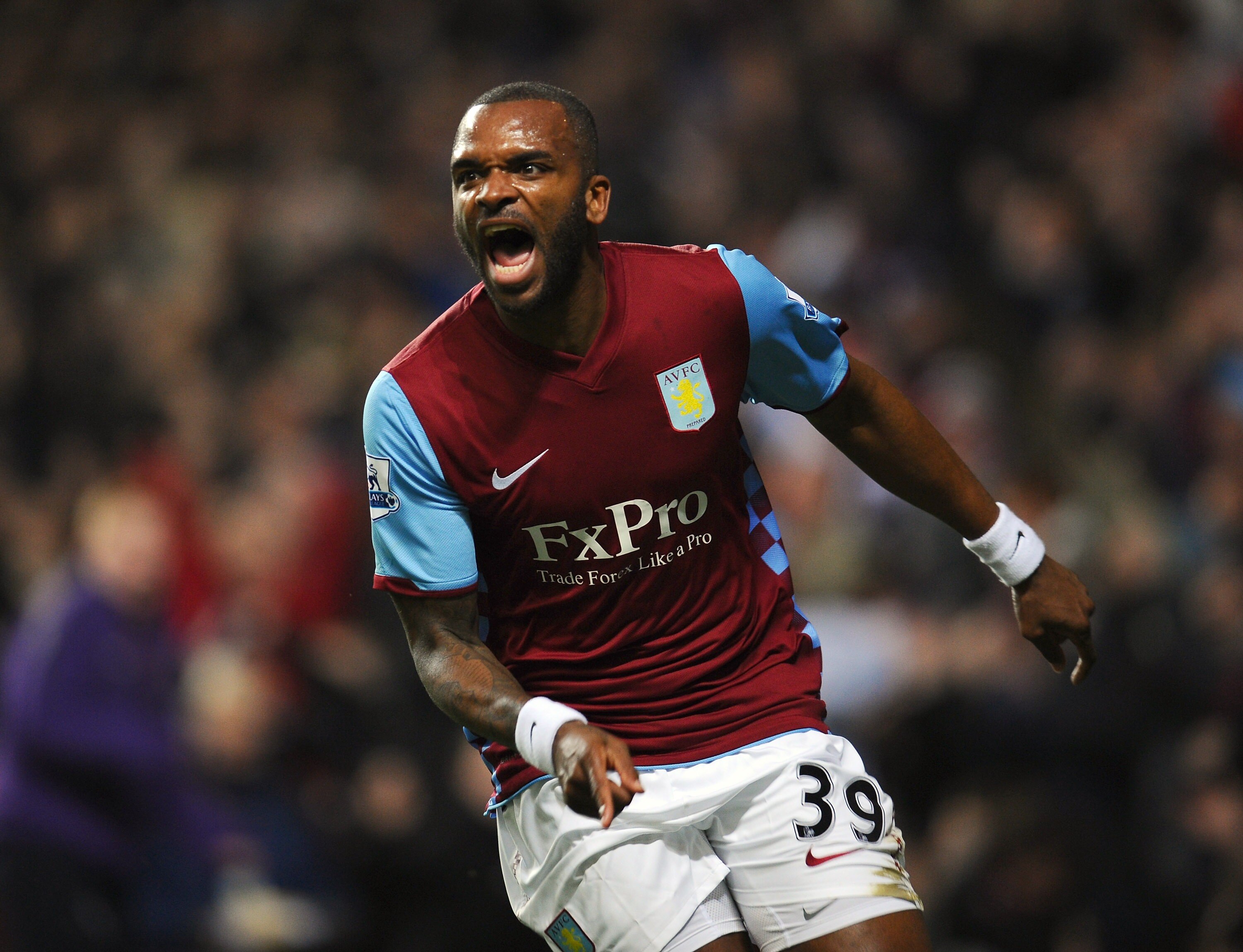 BIRMINGHAM, ENGLAND - JANUARY 22:  Darren Bent of Aston Villa celebrates after scoring the opening goal on his debut during the Barclays Premier League match between Aston Villa and Manchester City at Villa Park on January 22, 2011 in Birmingham, England.